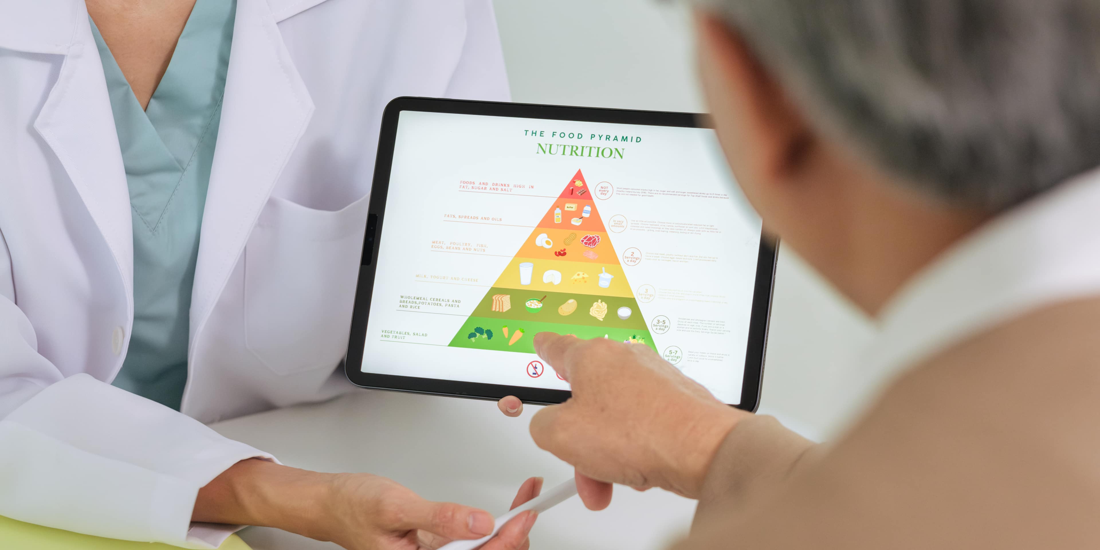 Doctor Explaining Healthy Eating and Food Pyramid to Senior Patient During Nutrition Counseling