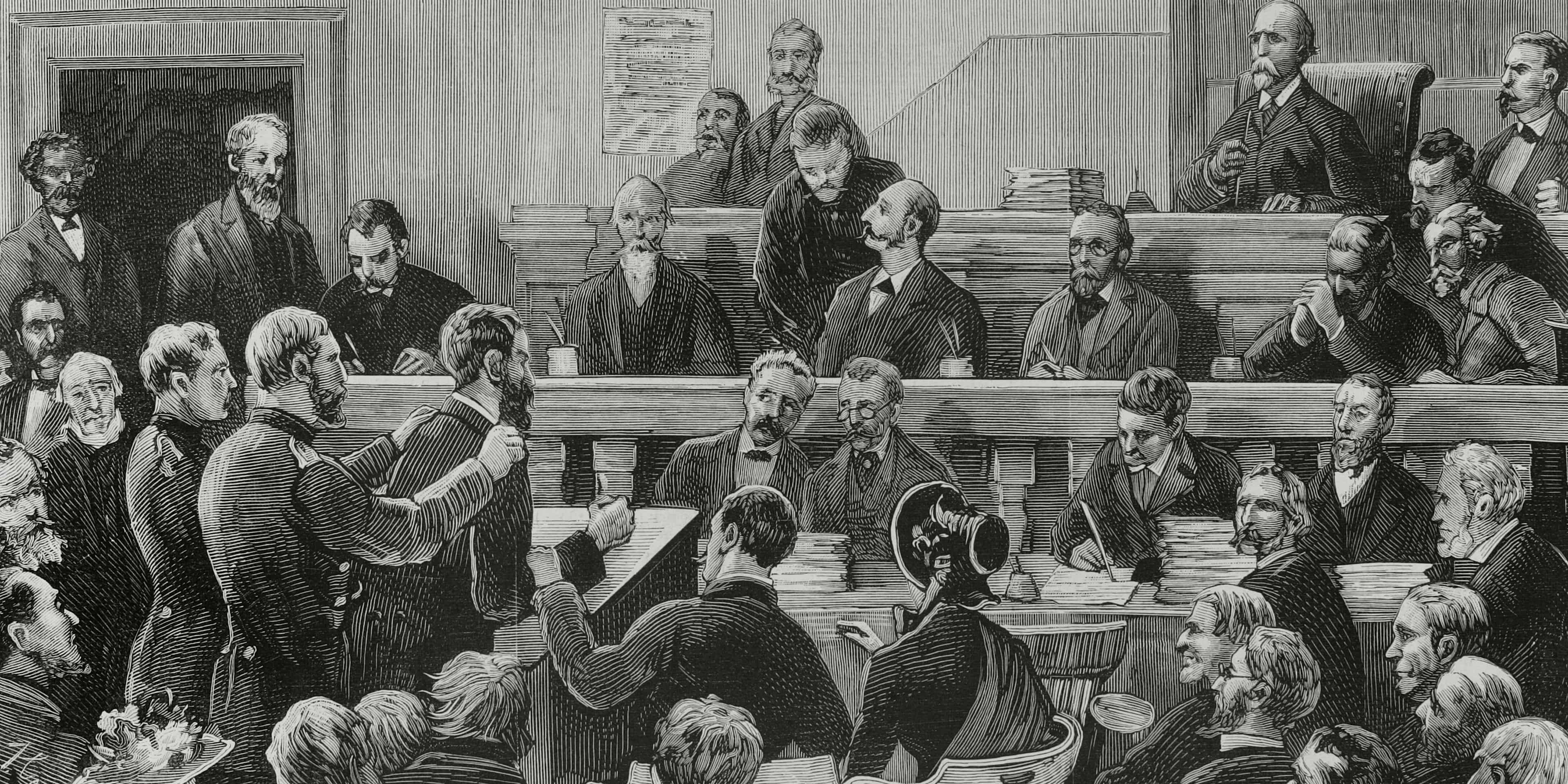 Scene from the trial of Charles Julius Guiteau, known for the assassination of the U.S. President James A. Garfield.