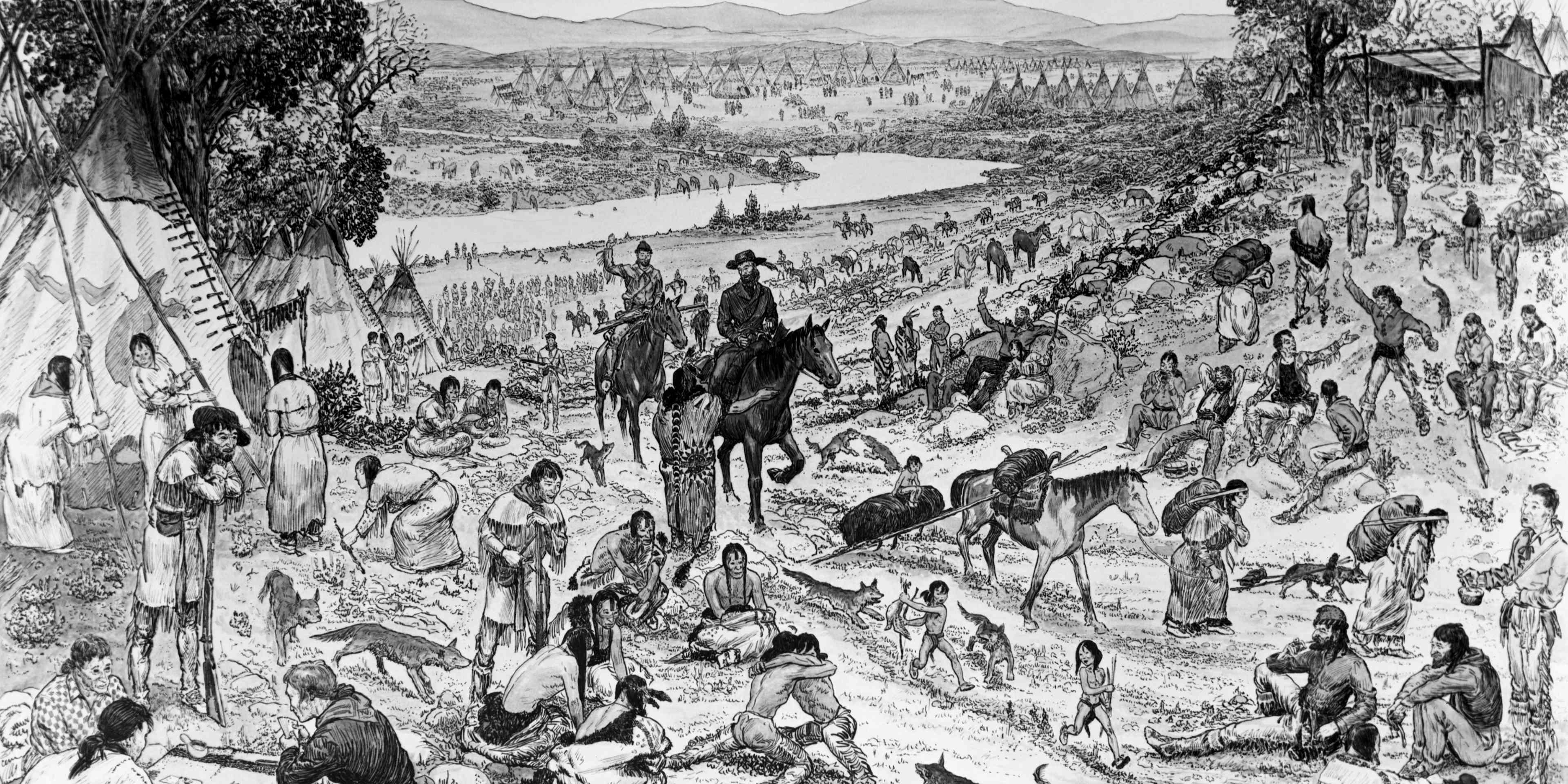 Trappers, traders and Native Americans gathering for the annual rendezvous. Undated drawing.