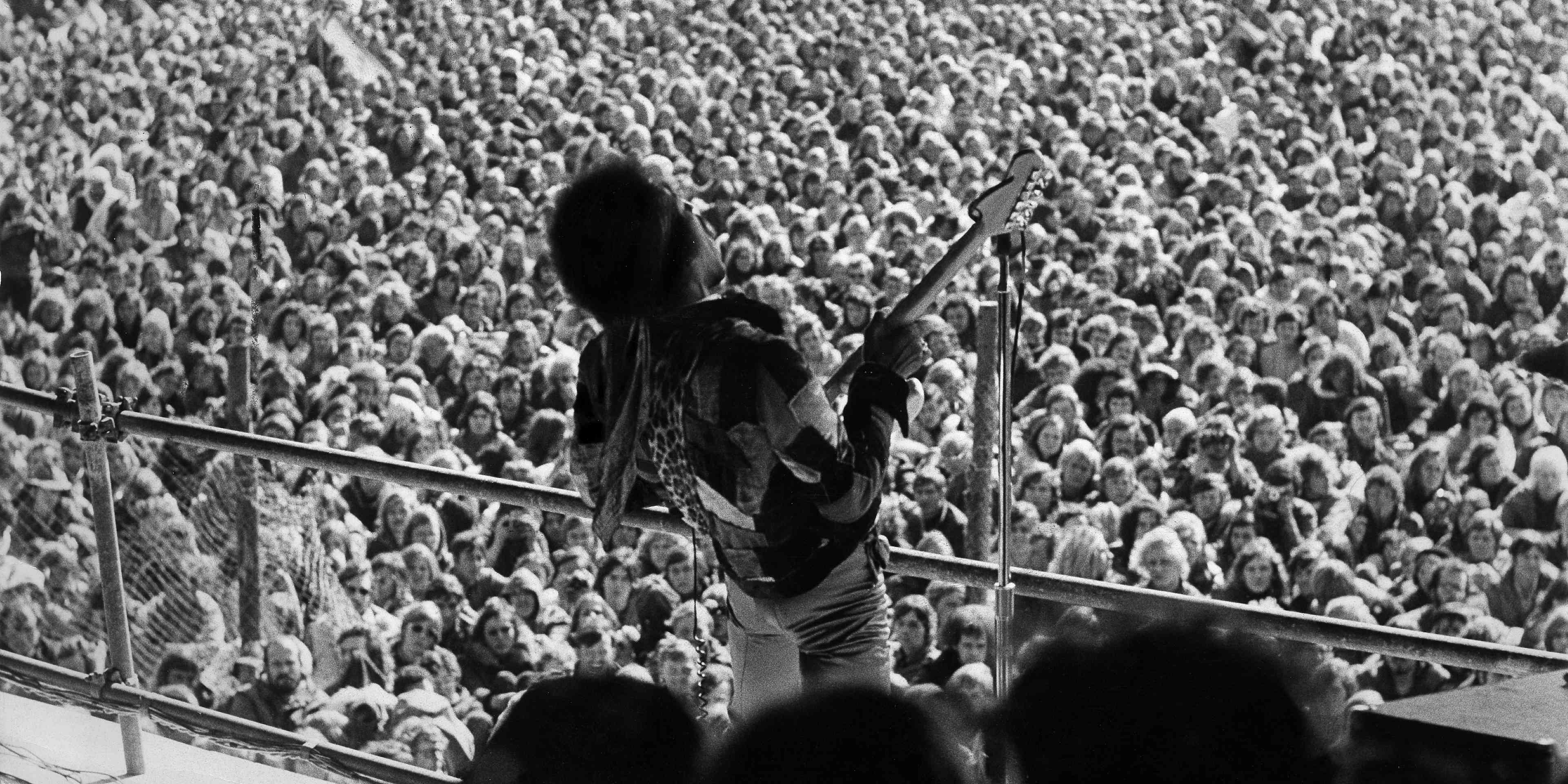 Legendary rock guitarist Jimi Hendrix performing his final concert at the Open Air Love + Peace Festival in Fehmarn, Germany, on September 6, 1970. Twelve days later, he died by asphyxiation after an accidental overdose.