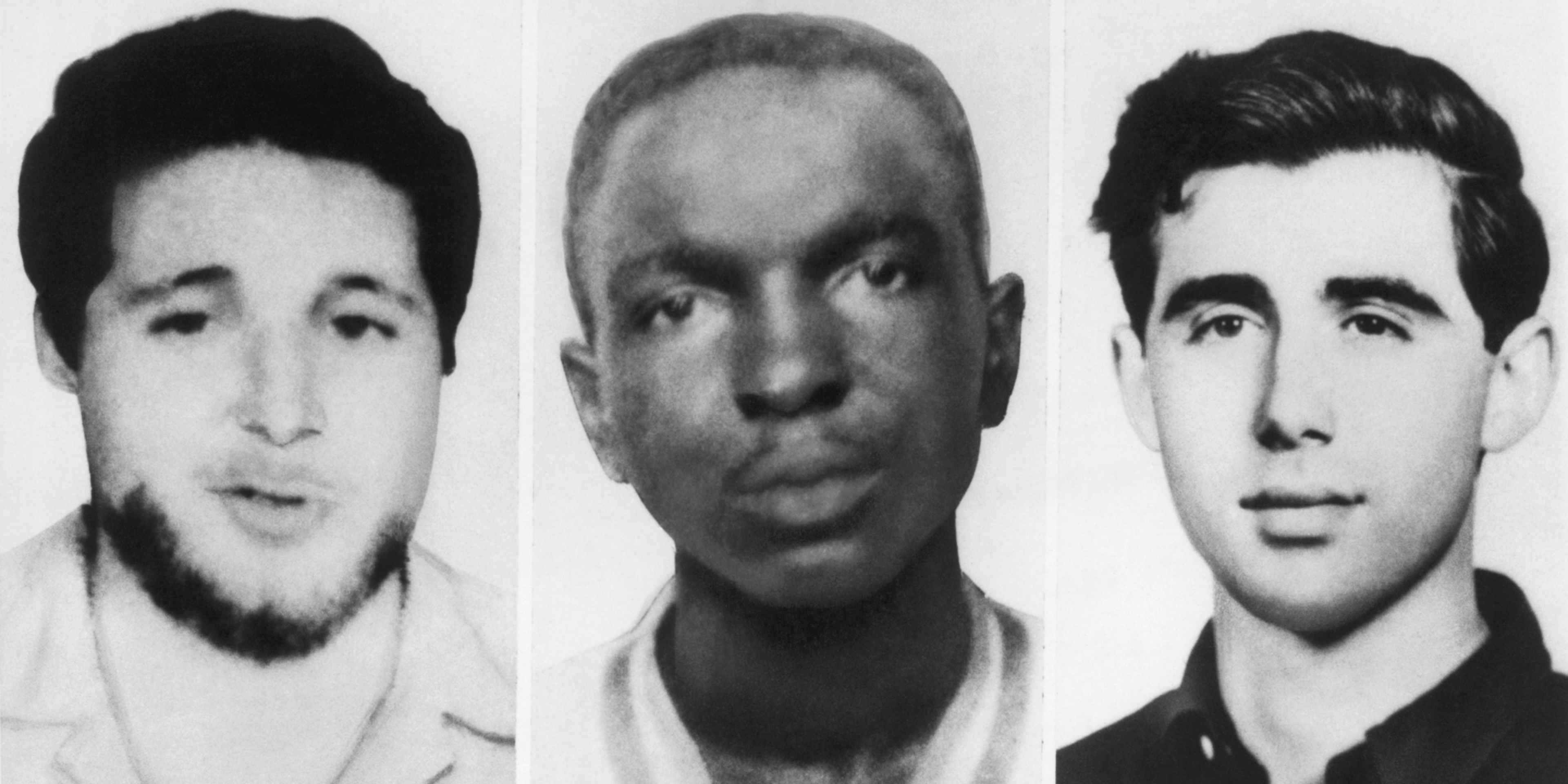 Three black and white portrait photographs of men are displayed in the image.