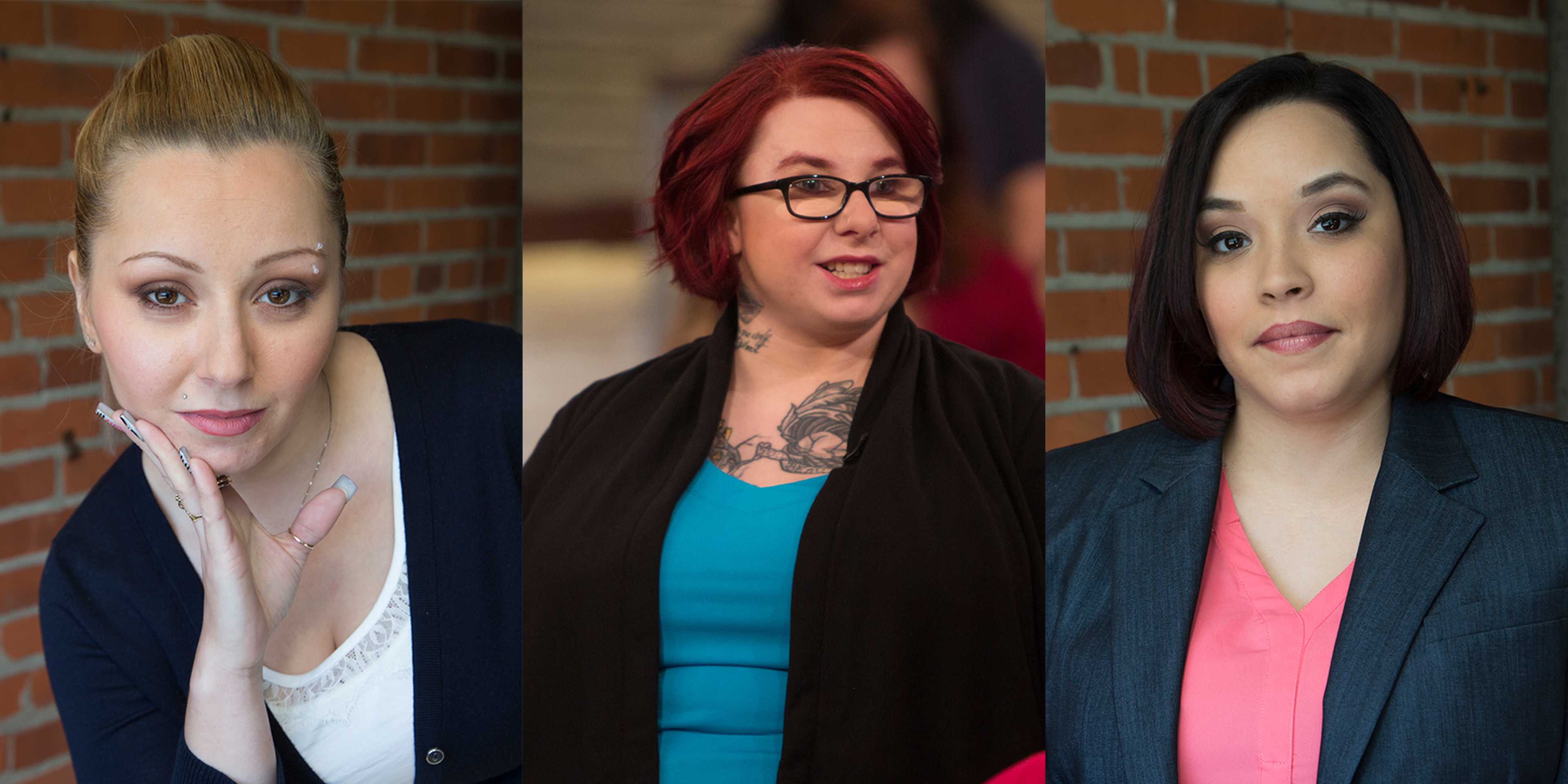 Three women with distinct appearances and styles are shown against a brick wall background.