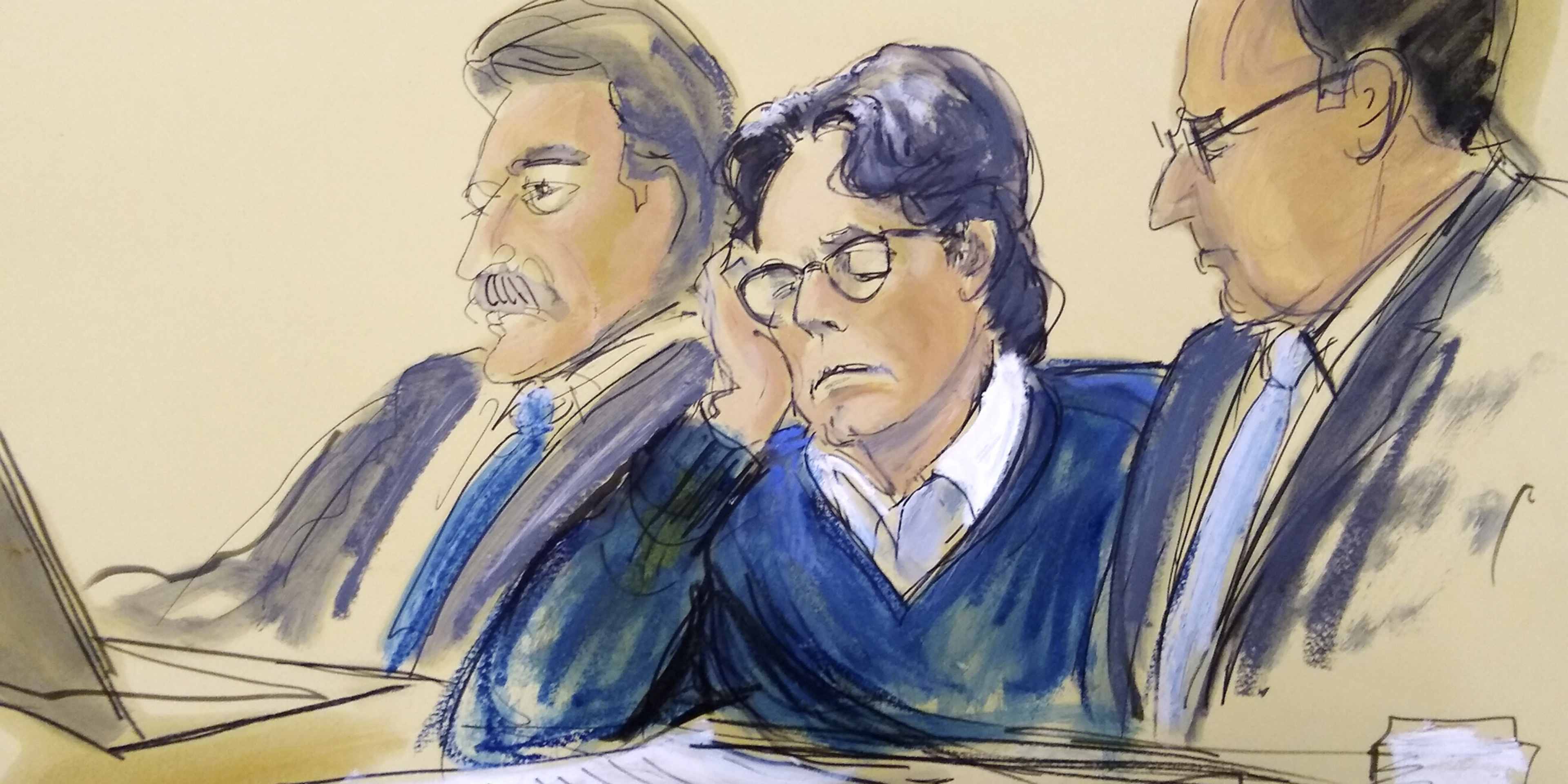 The image depicts three individuals, likely lawyers or judges, sitting at a table and engaged in what appears to be a legal proceeding or discussion. The individuals are wearing formal attire, and the background suggests a courtroom or similar professional setting.