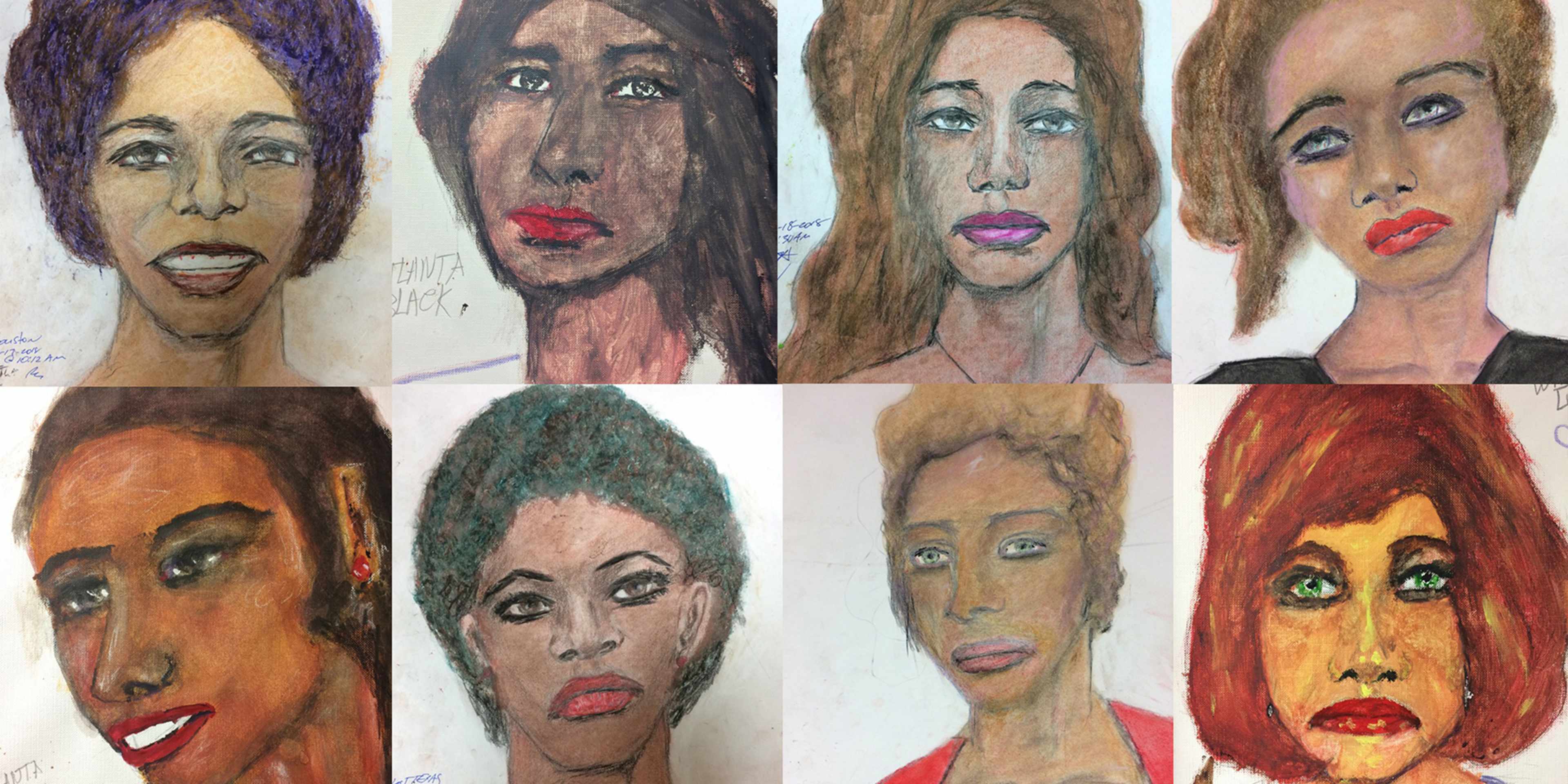A collection of colorful, expressive portraits depicting various female faces with distinctive features and expressions.
