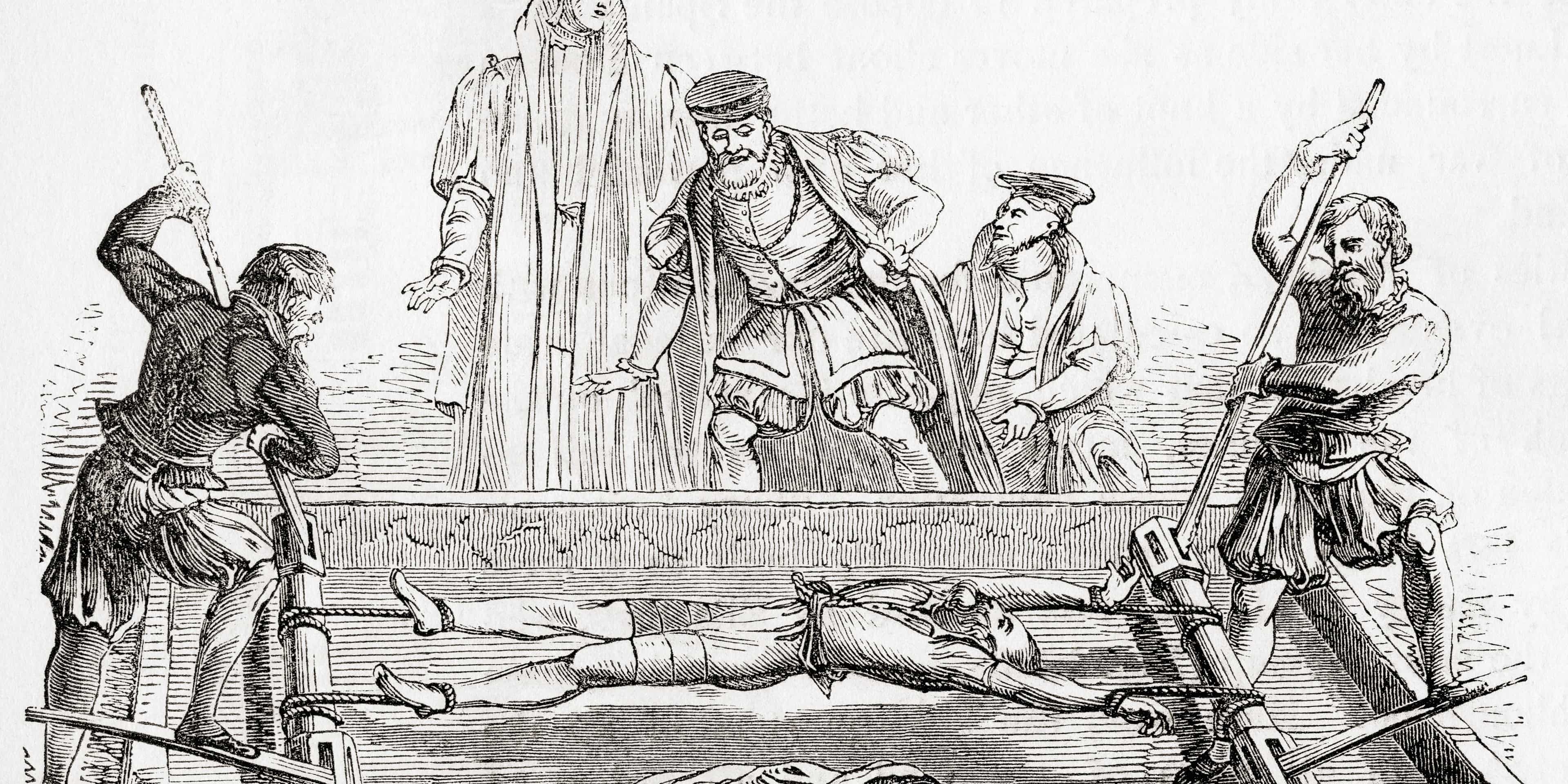 A black-and-white engraving of a man stretched out on the bed of a torture device