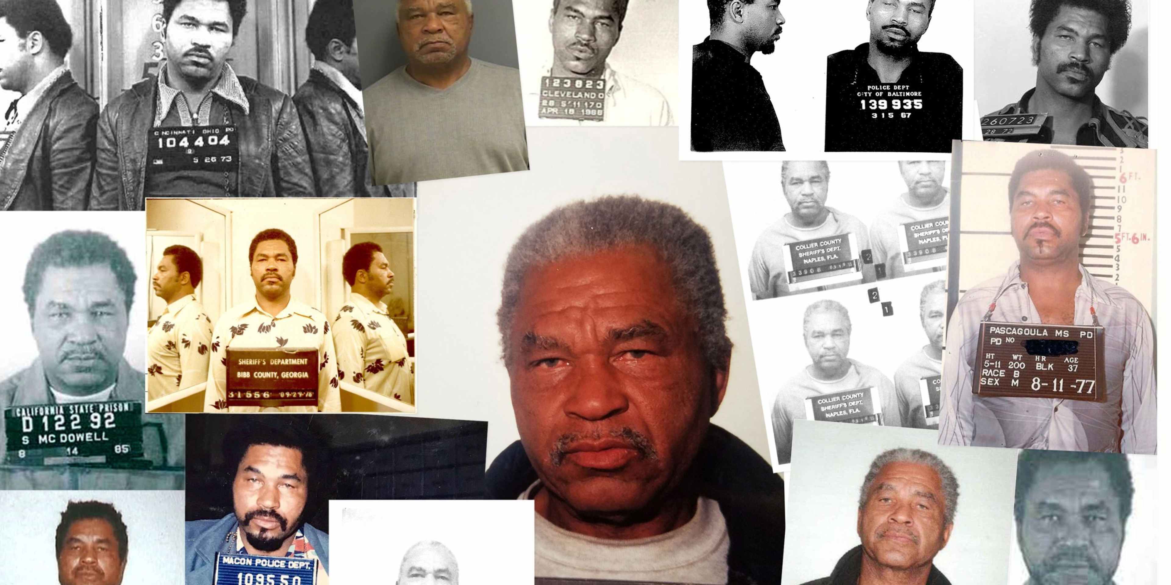 A collage of mugshot-style photographs depicting various individuals, some of whom appear to be law enforcement or criminal suspects, with text and other identifying information visible.