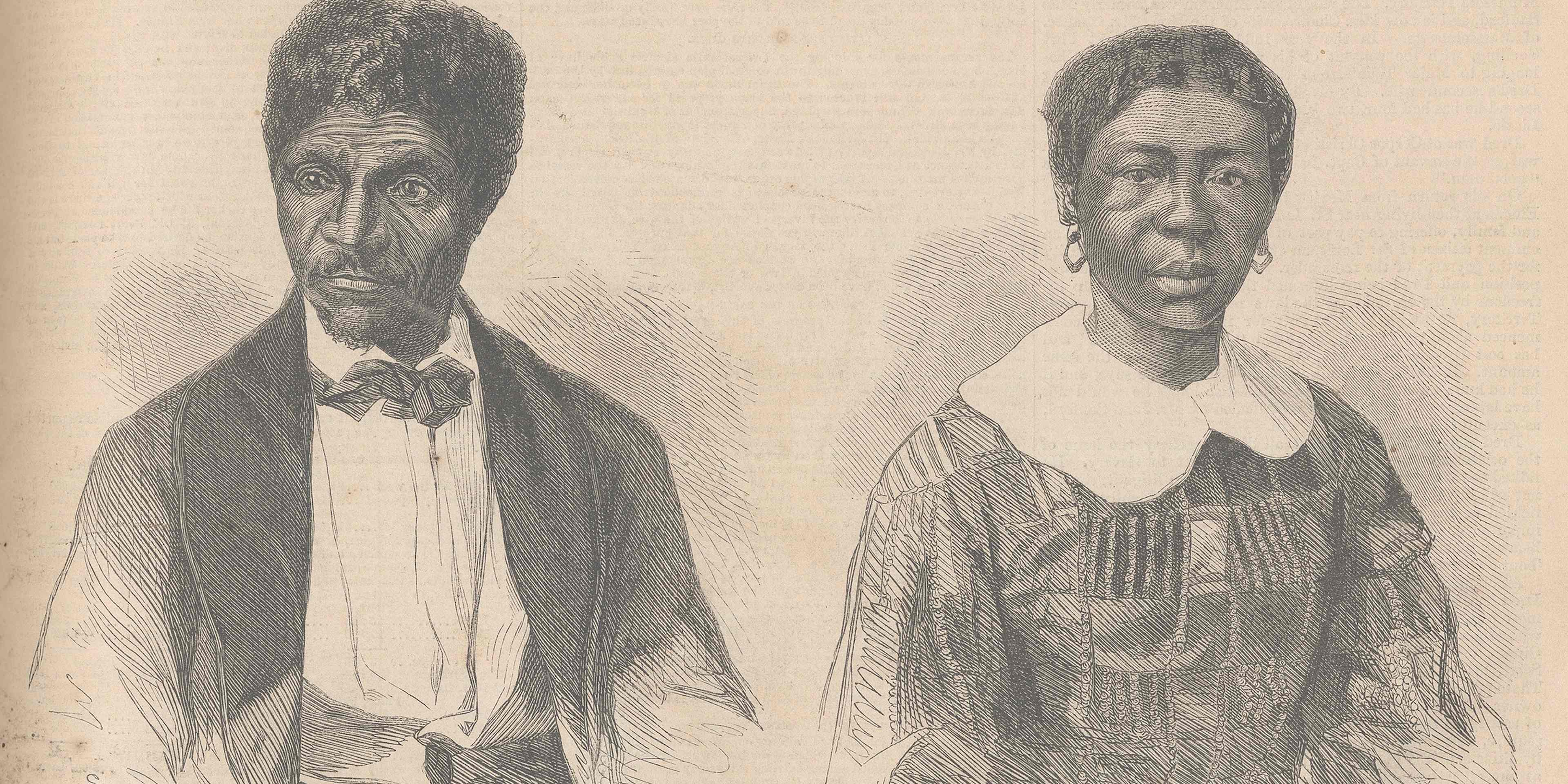 sepia colored wood engraving half-portraits of a 19th century Black couple