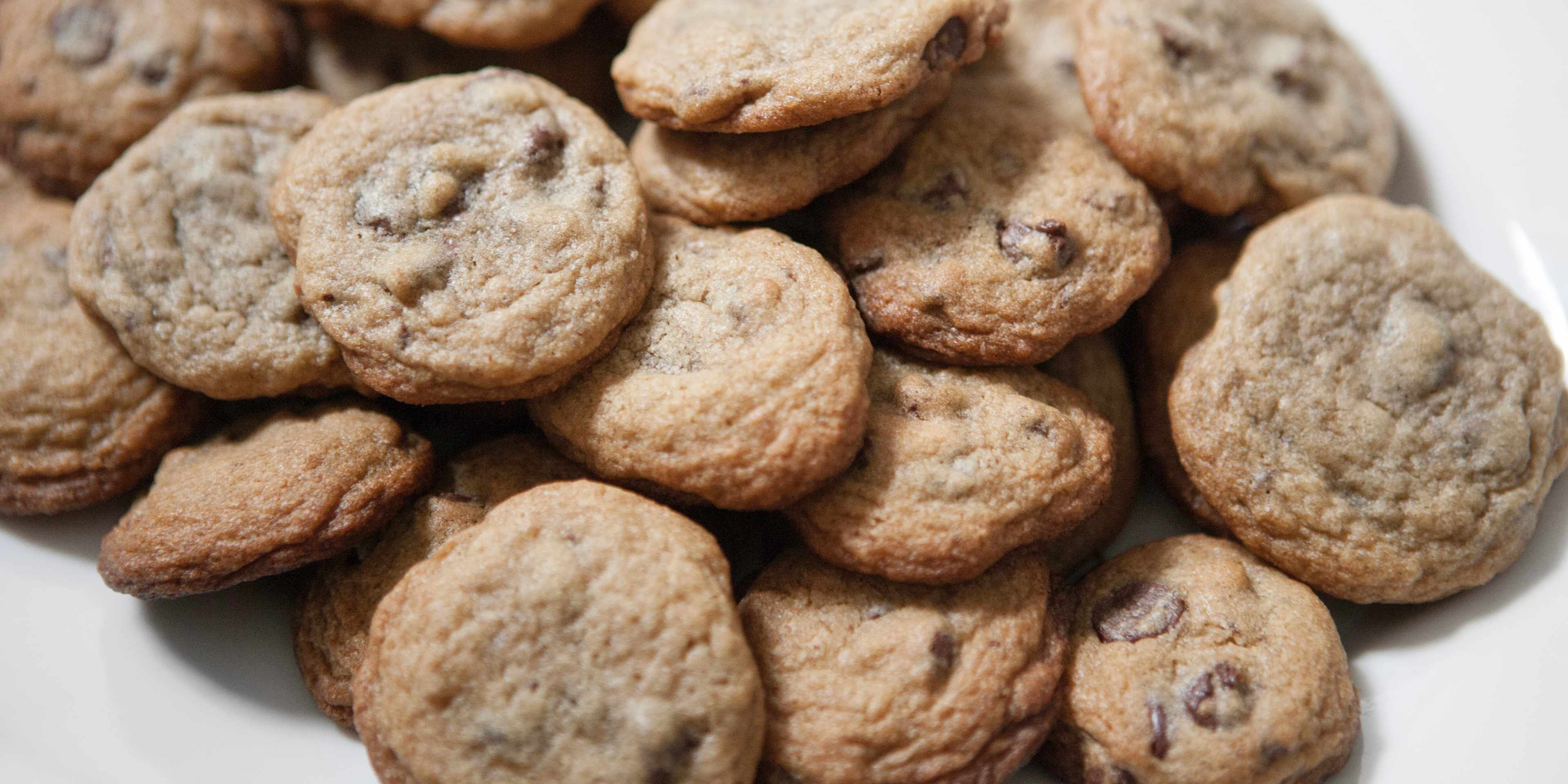 A plate brimming with homemade chocolate chip cookies