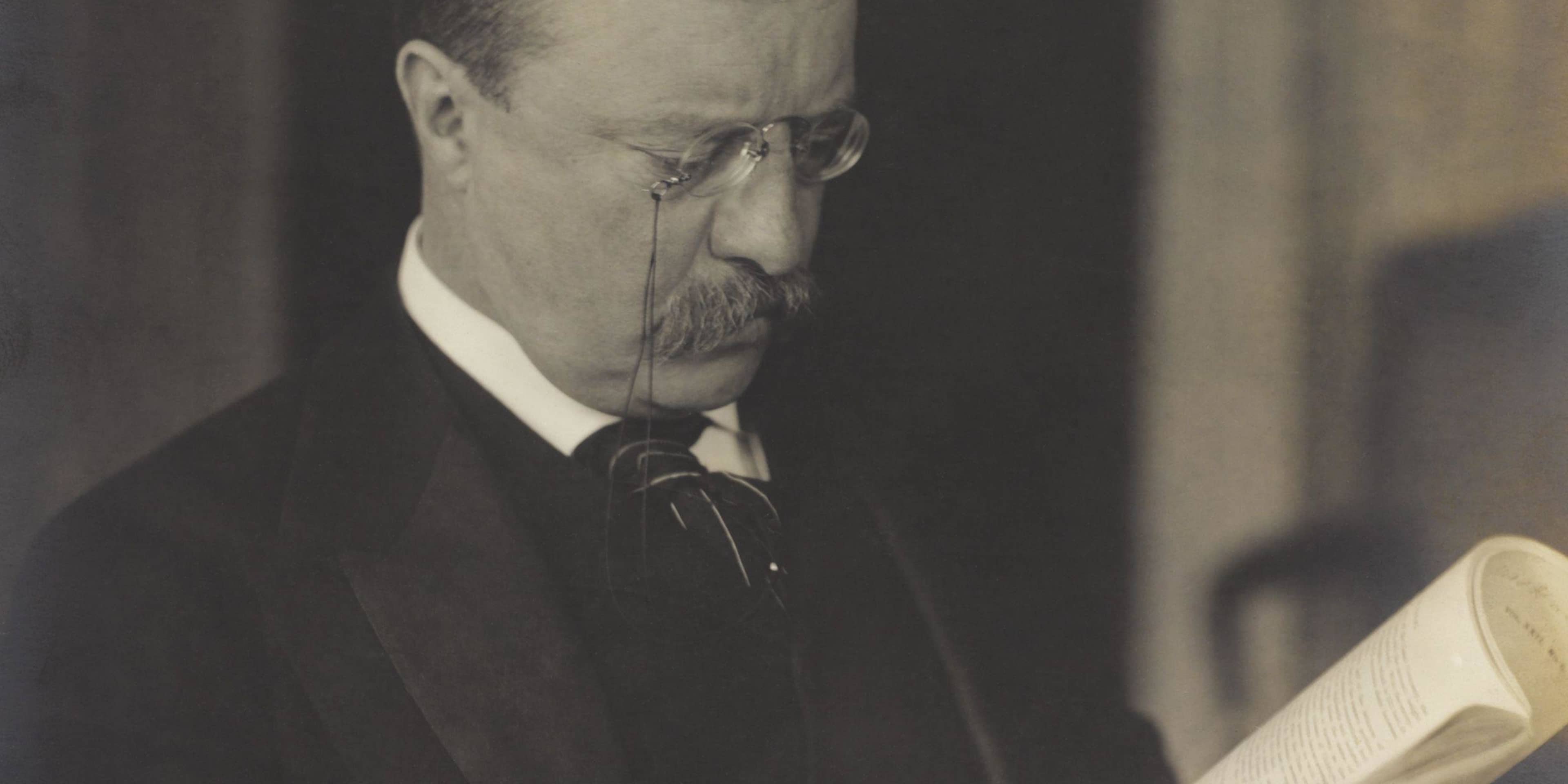President Theodore Roosevelt, reading in 1904 photo by J. Martin Miller (BSLOC_2017_4_58)