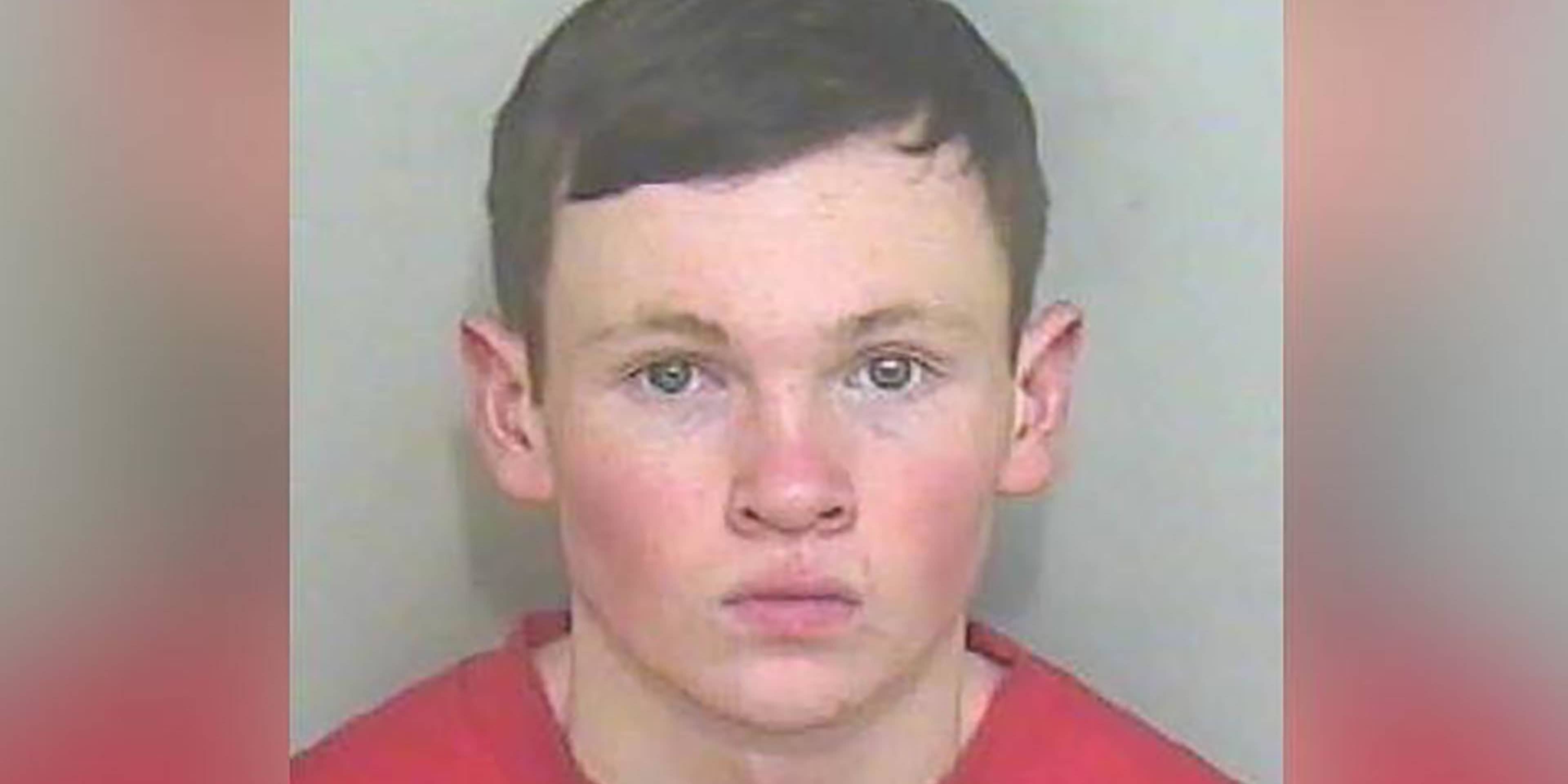 The image shows a close-up portrait of a young man with short dark hair and a serious expression, set against a plain pink background.