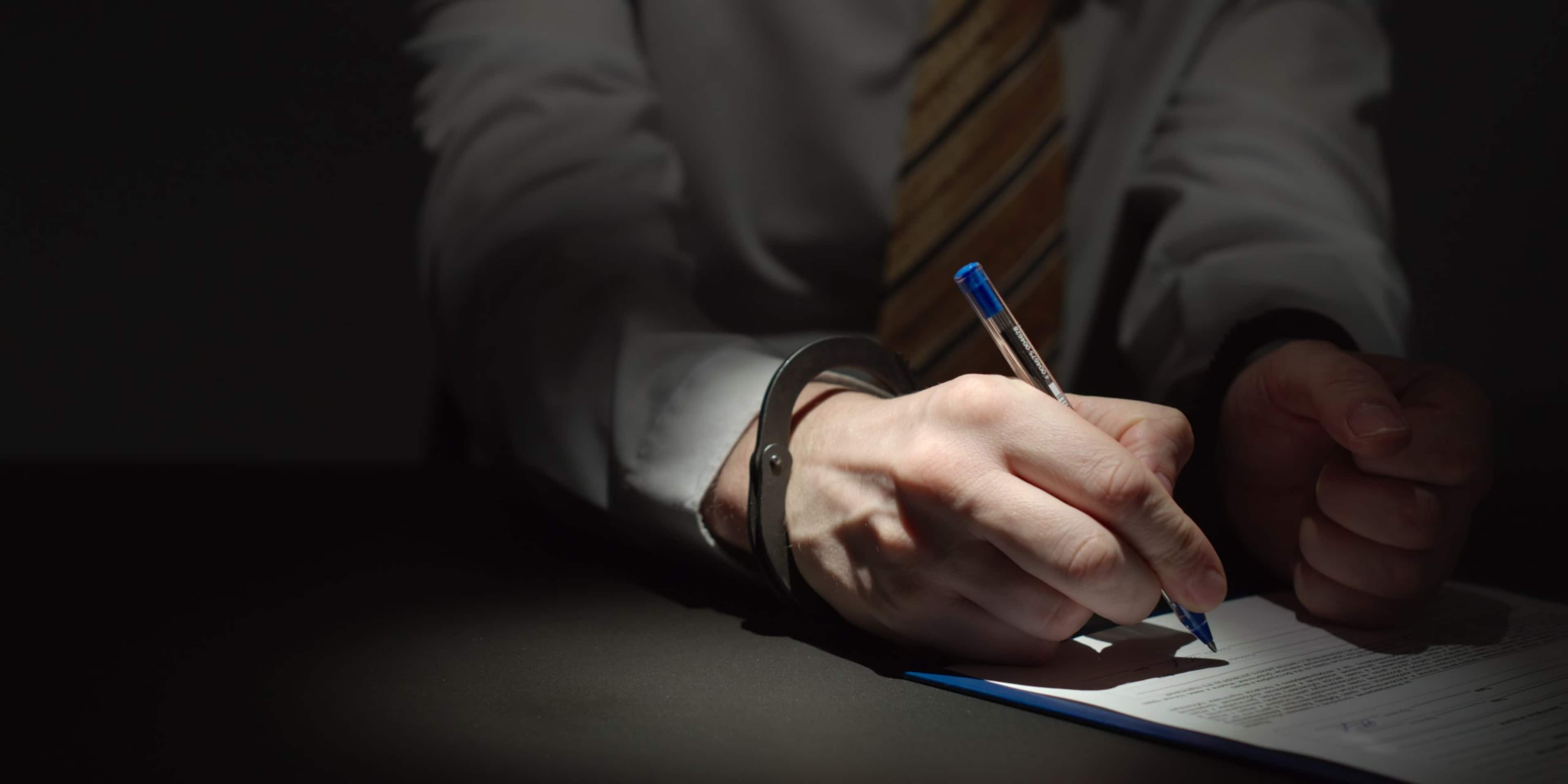 A person's hands holding a pencil and writing on a document in a dimly lit environment.
