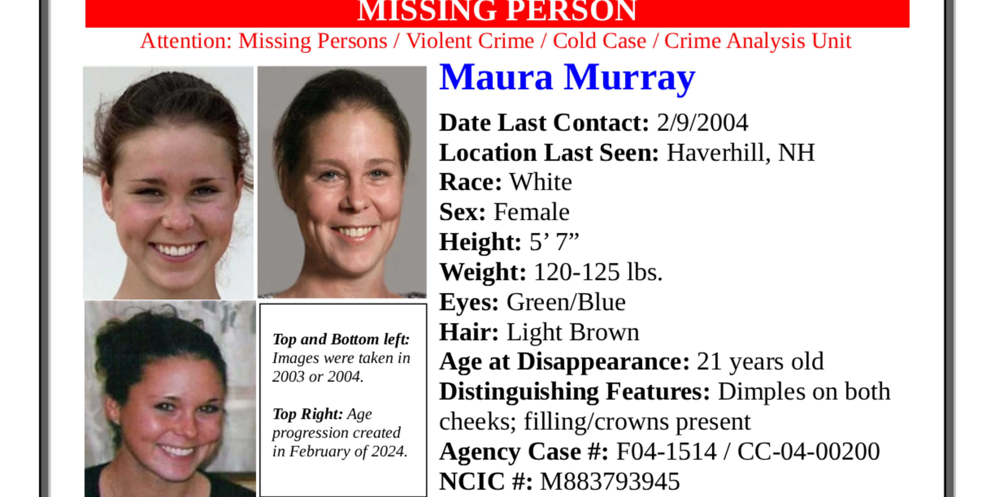 The image appears to be a missing person poster for Maura Murray, a 21-year-old female with light brown hair and green/blue eyes, who was last seen in Haverhill, New Hampshire on 2/9/2004.