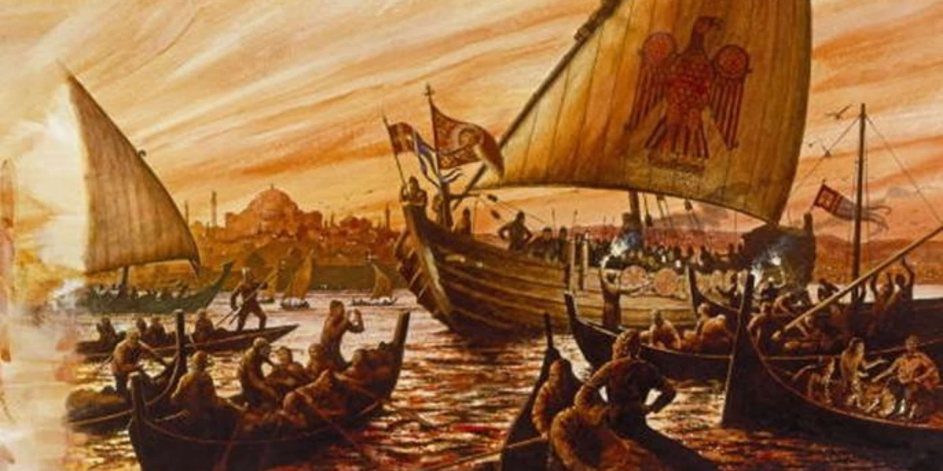 A Viking ship is approached by Byzantines at Constantinople.