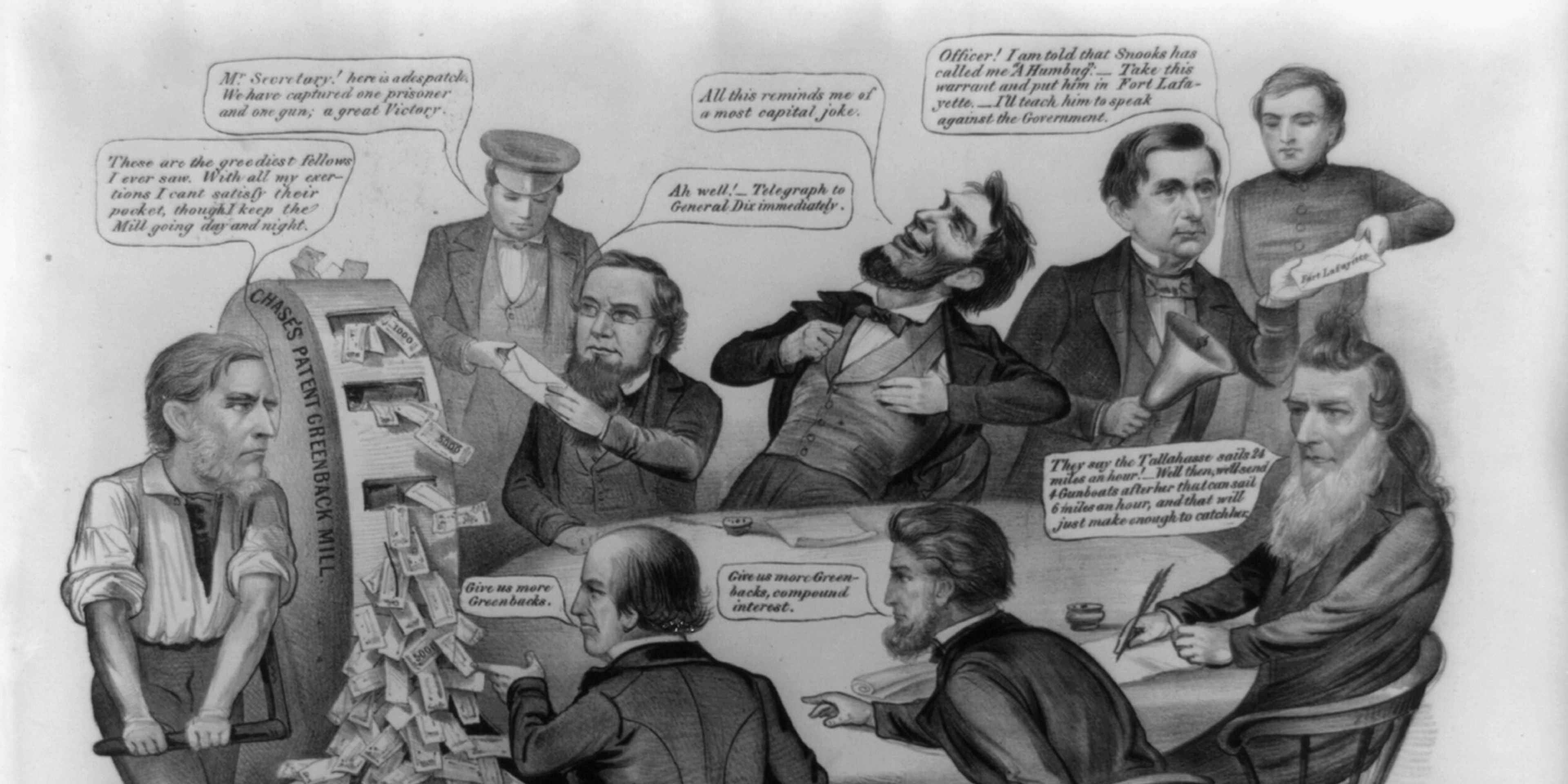 Running the 'Machine' 1864. (clockwise from top left) Edwin McMasters Stanton, Abraham Lincoln, secretary of state William H. Seward, Navy secretary Gideon Welles, and two unidentified contractors. Currier and Ives