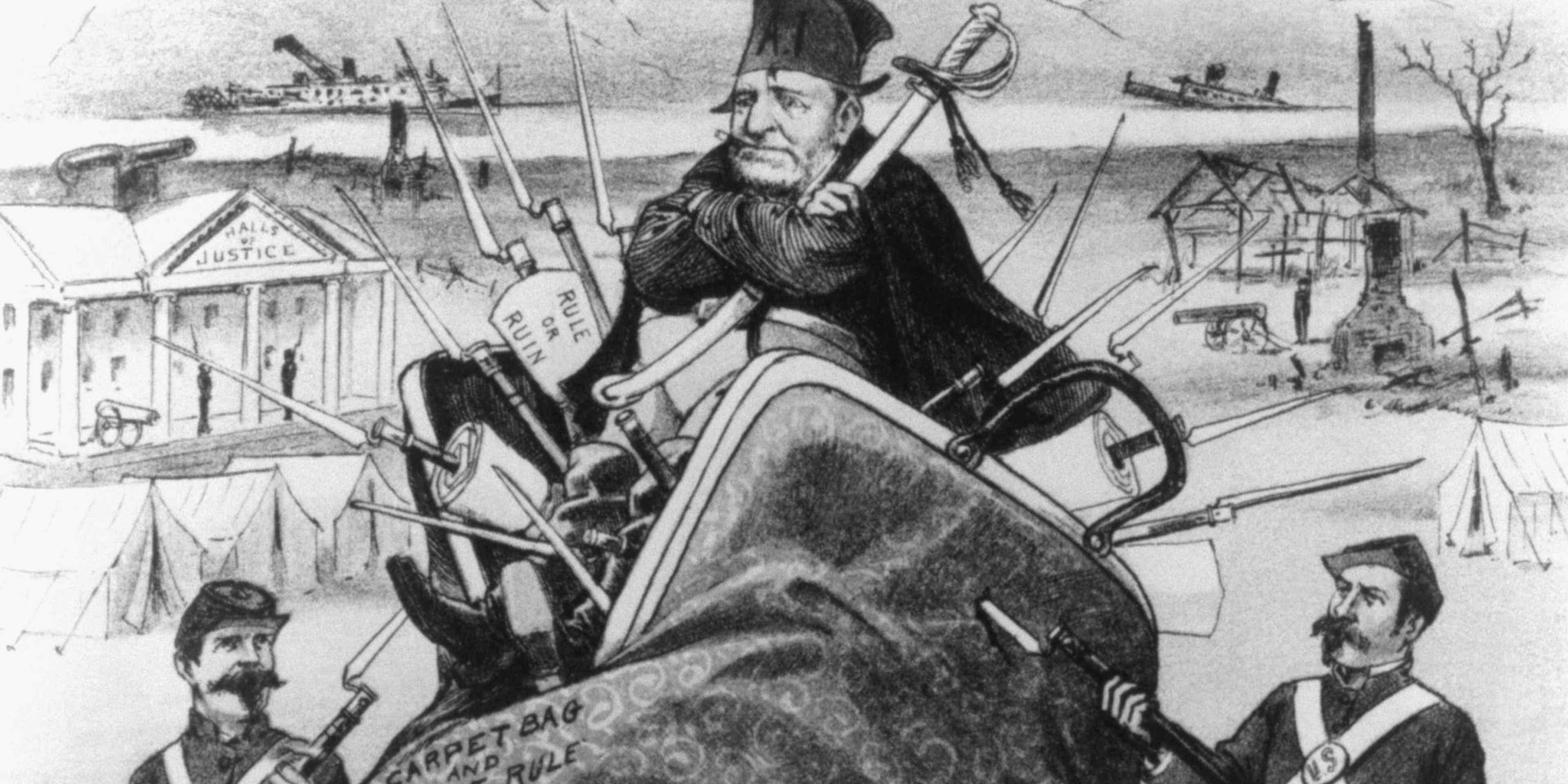 A political cartoon depicting a woman as the South being crushed under the wieght of the carpetbagger, who is protected by military support on President Grant's order.