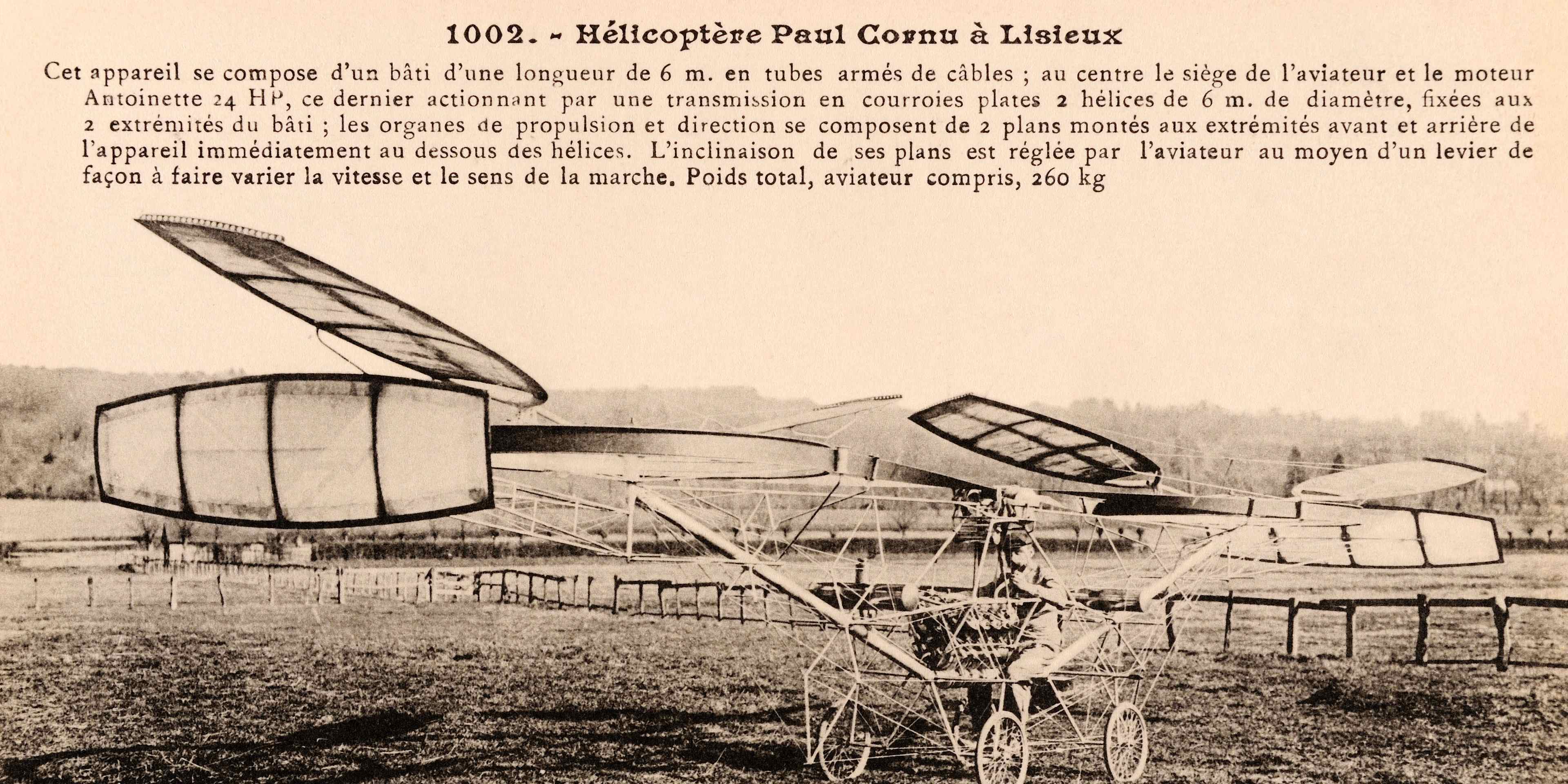 A vintage French postcard featuring the helicopter of Paul Cornu of Lisieux, France, who piloted the first manned flight of a rotary wing aircraft on 13th November 1907.