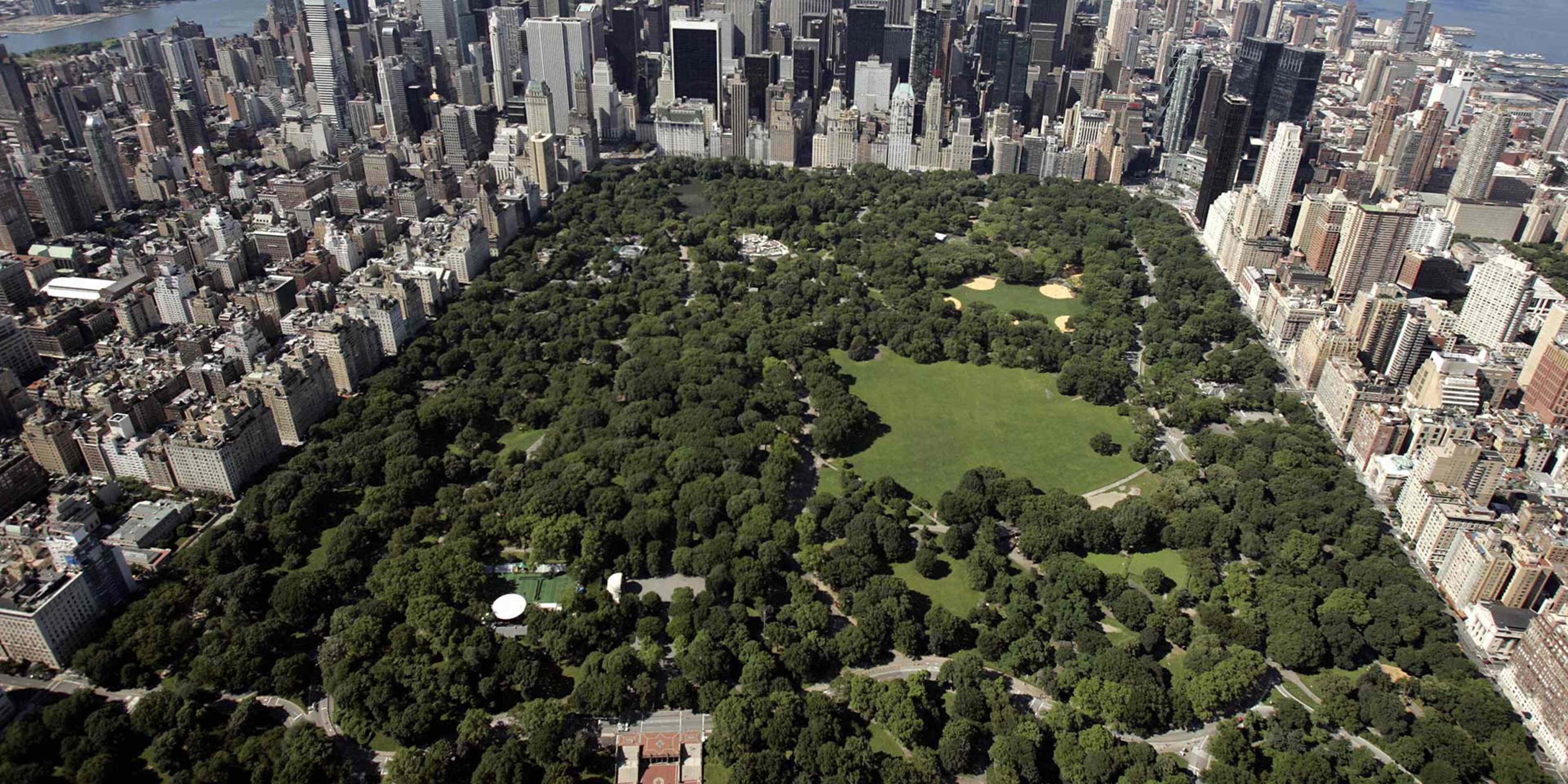 Aerial view of Manhattan looking south over Central Park in July 2007 in New York City.