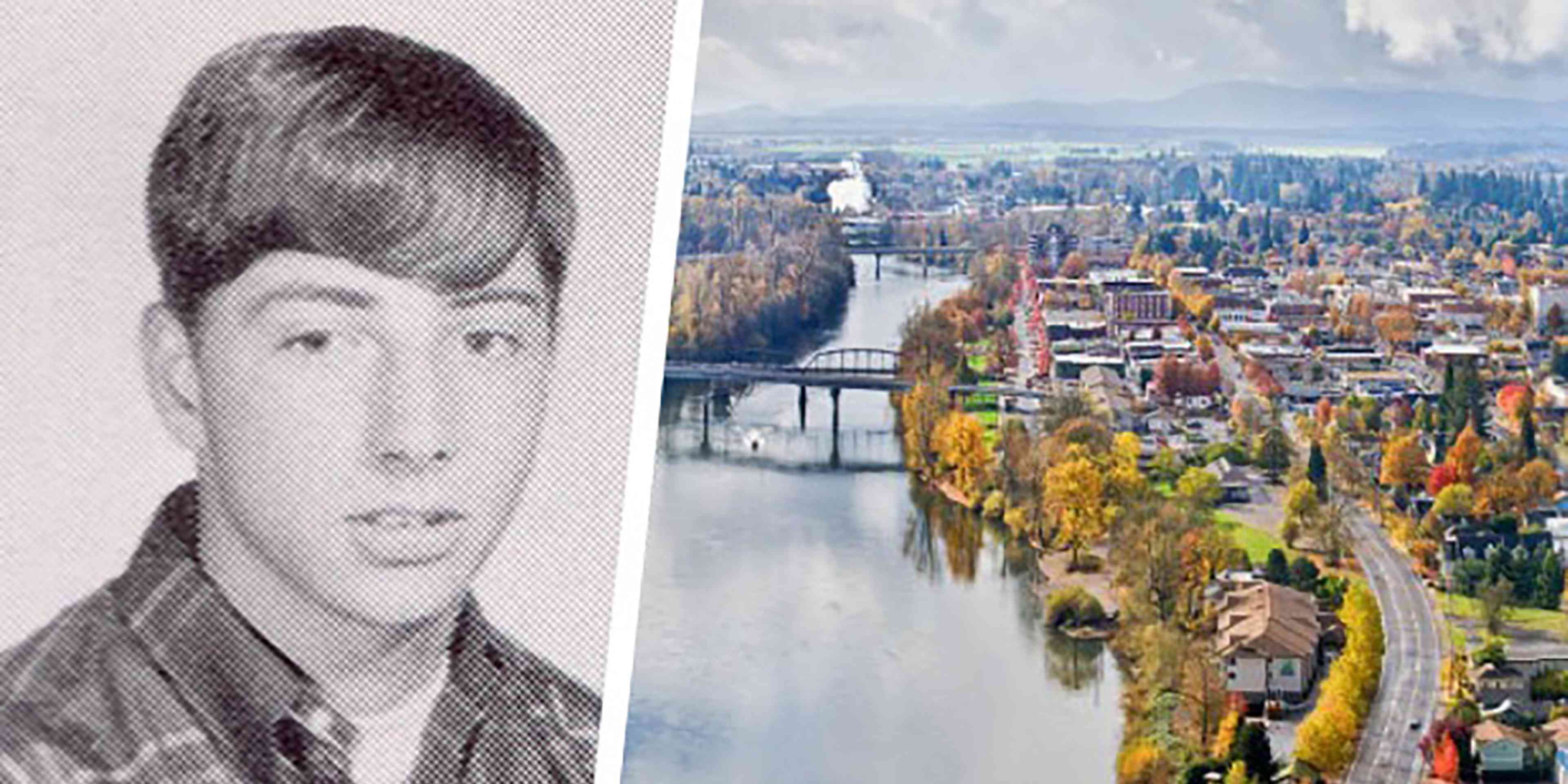 The image shows a black and white portrait of a young man in the foreground, with a vibrant cityscape in the background featuring a river, bridges, and colorful autumn foliage.