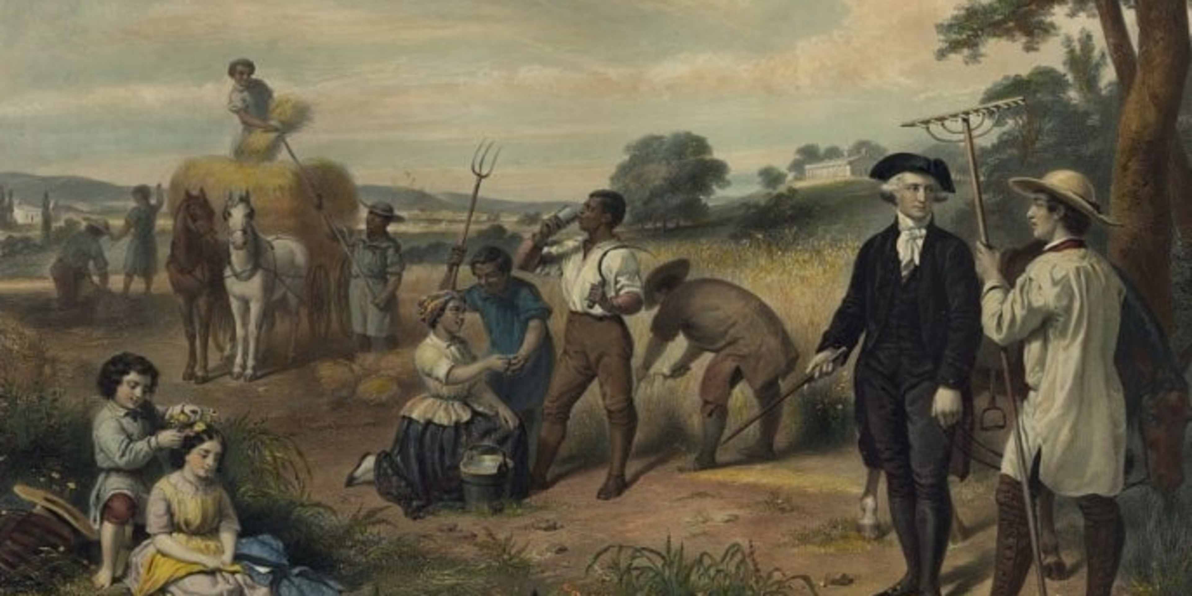 George Washington standing among slaves harvesting grain