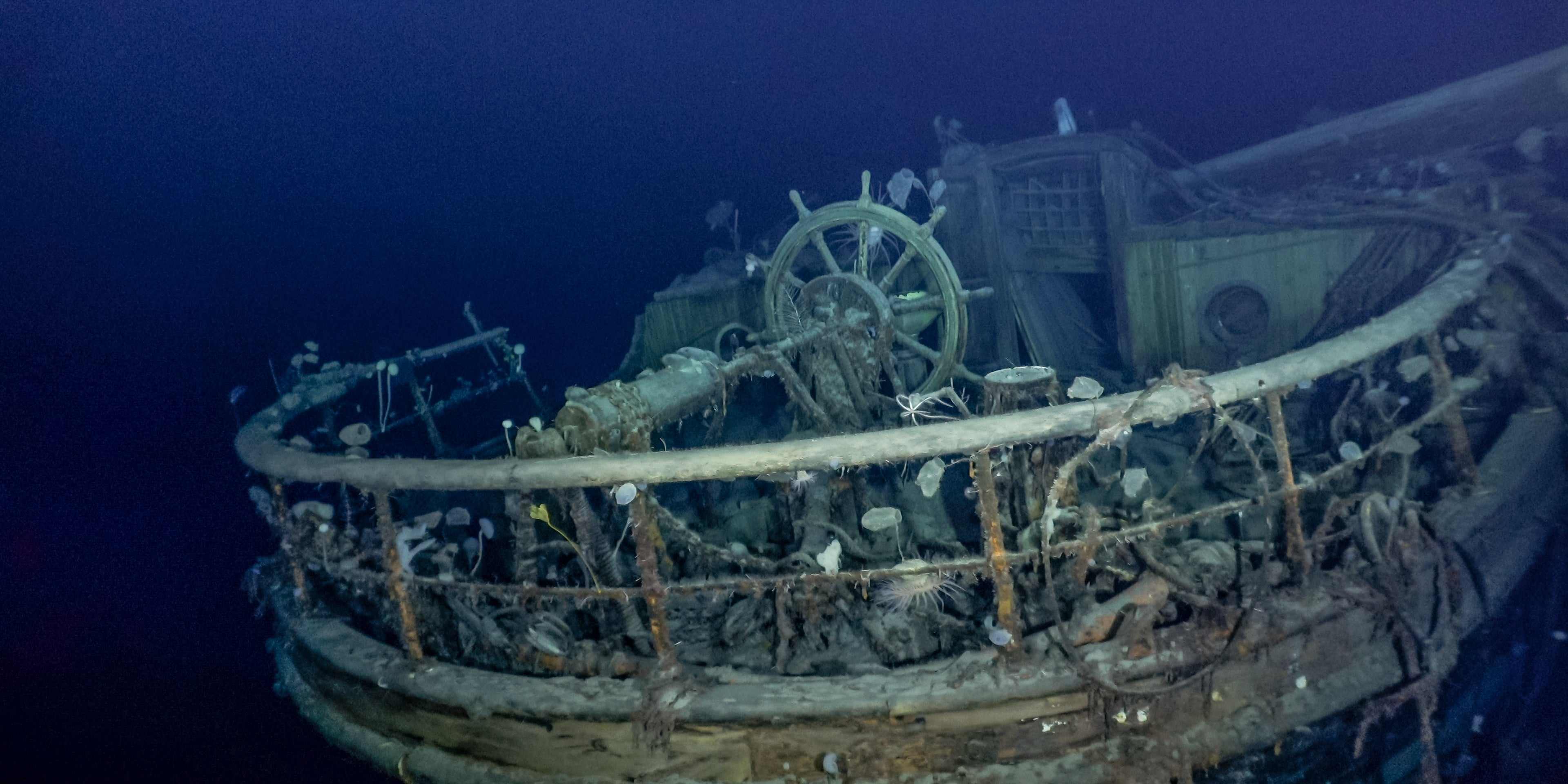 The wreck of Shackleton’s Endurance, with the wheel visible.