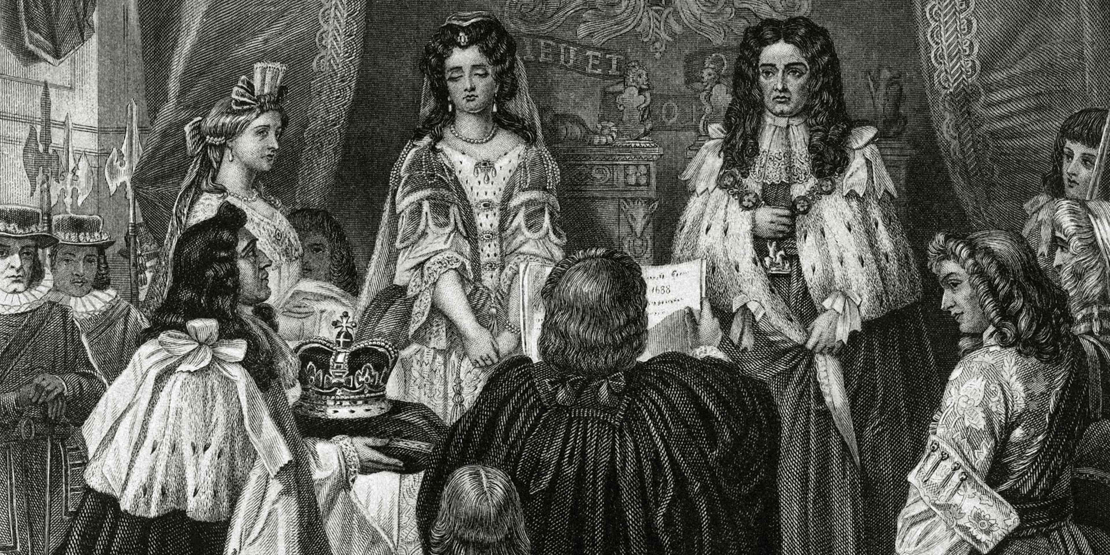 This 1689 illustration shows William and Mary being offered the crown by the Lords and Commons at Whitehall. The monarchs ruled as William III and Mary II reigned 1689-1702.