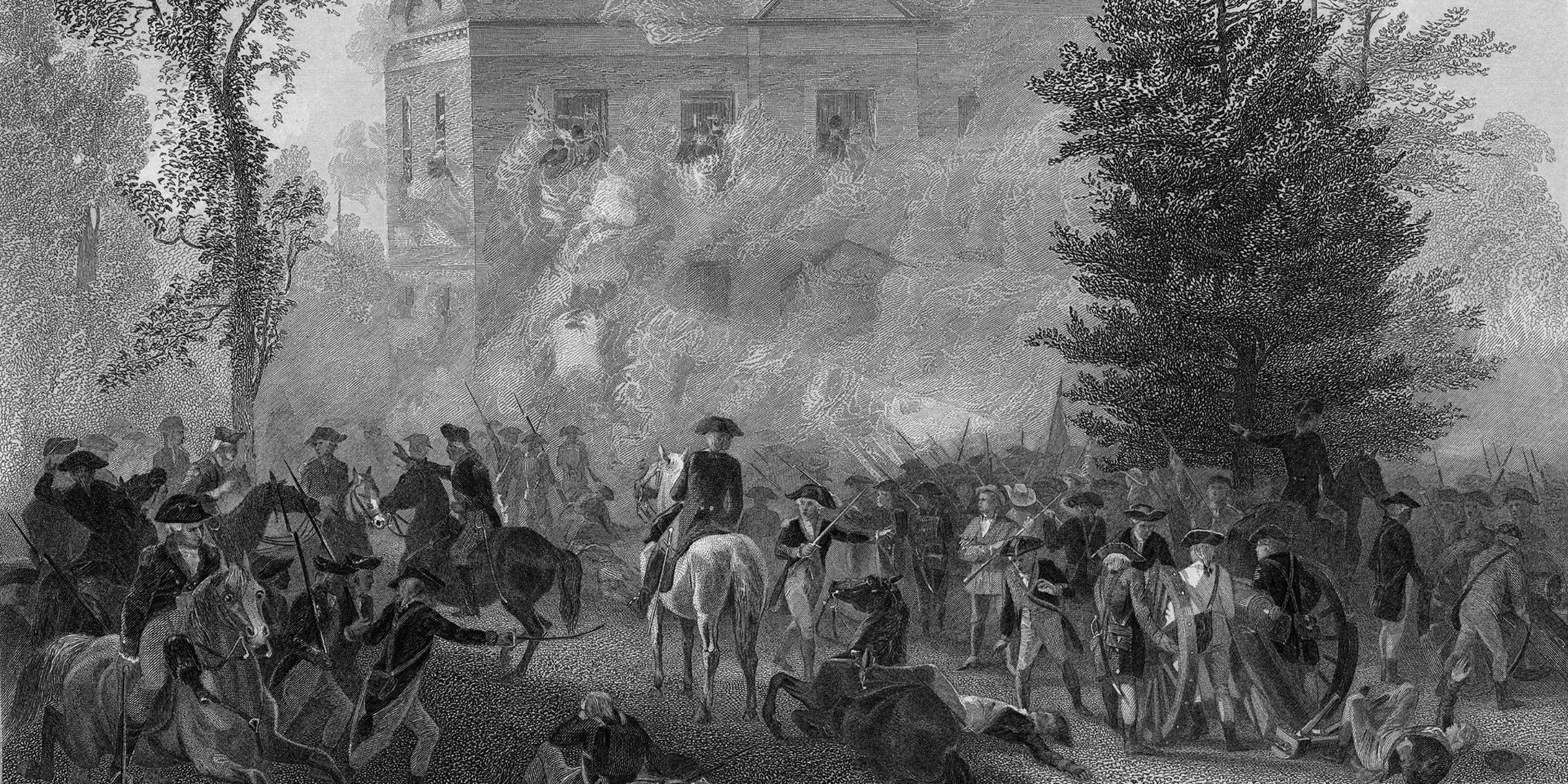 Battle of Germantown, October 1777, as depicted in a painting by Alonzo Chappel, Engraved by Hinshelwood, Printed by Henry J. Johnson Publisher, NY, 1879.
