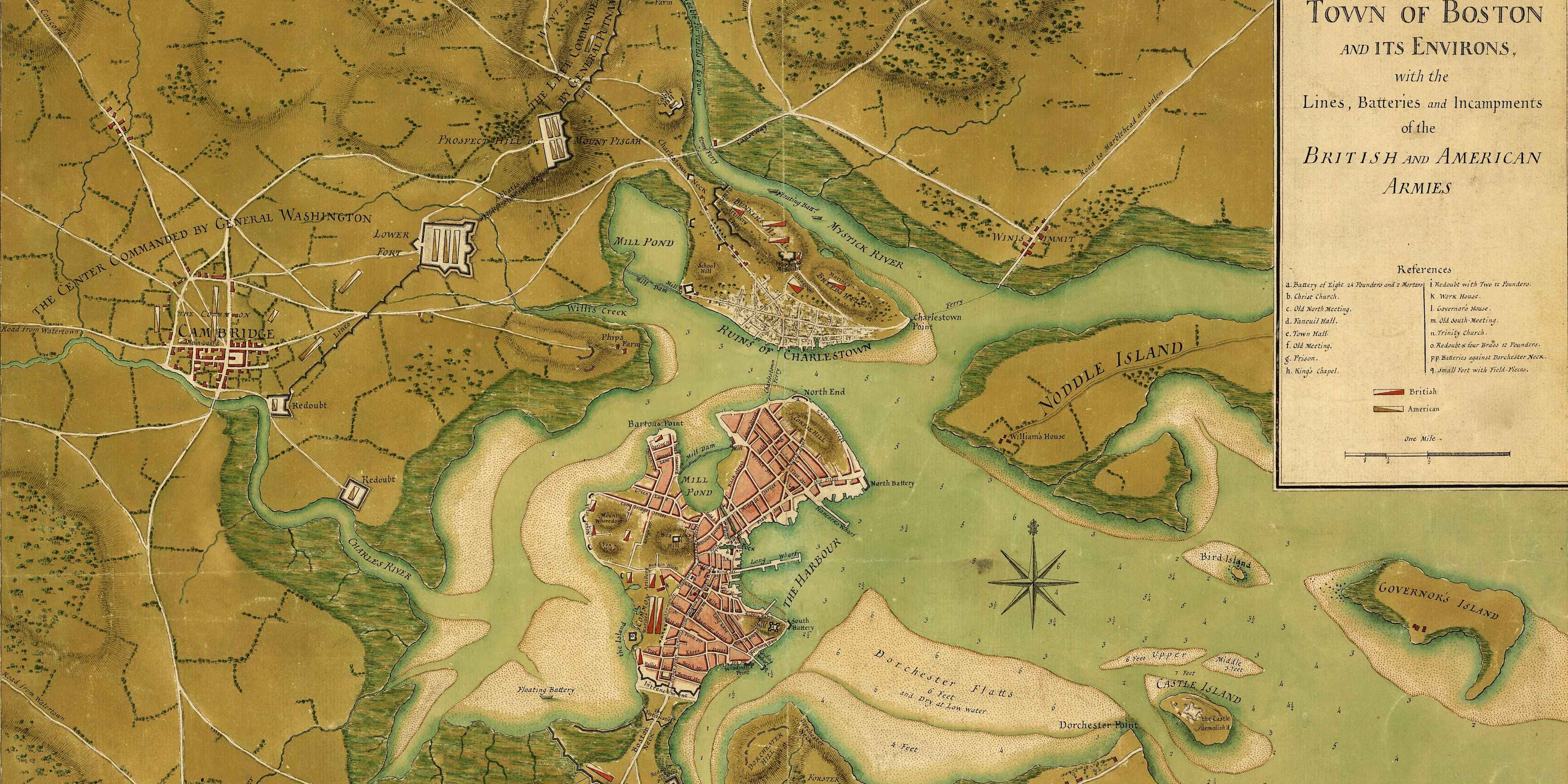 Illustrated map depicts British and American troop locations and during the British siege, Boston, Massachusetts, 1776. Illustrated by Sir Thomas Hyde Page.