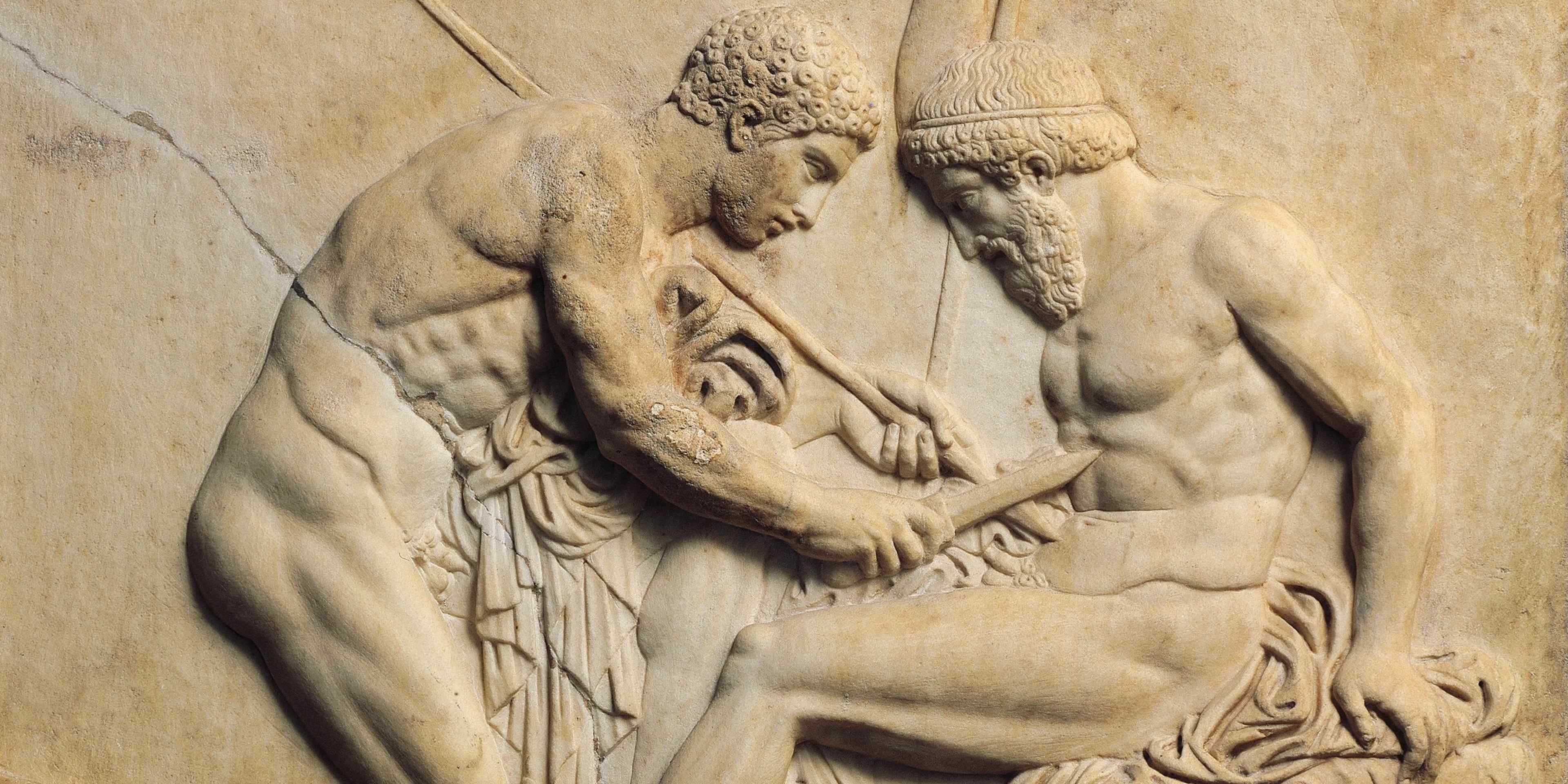 Roman civilization, 1st century A.D. Relief portraying Telephus undergoing surgery. From Herculaneum.