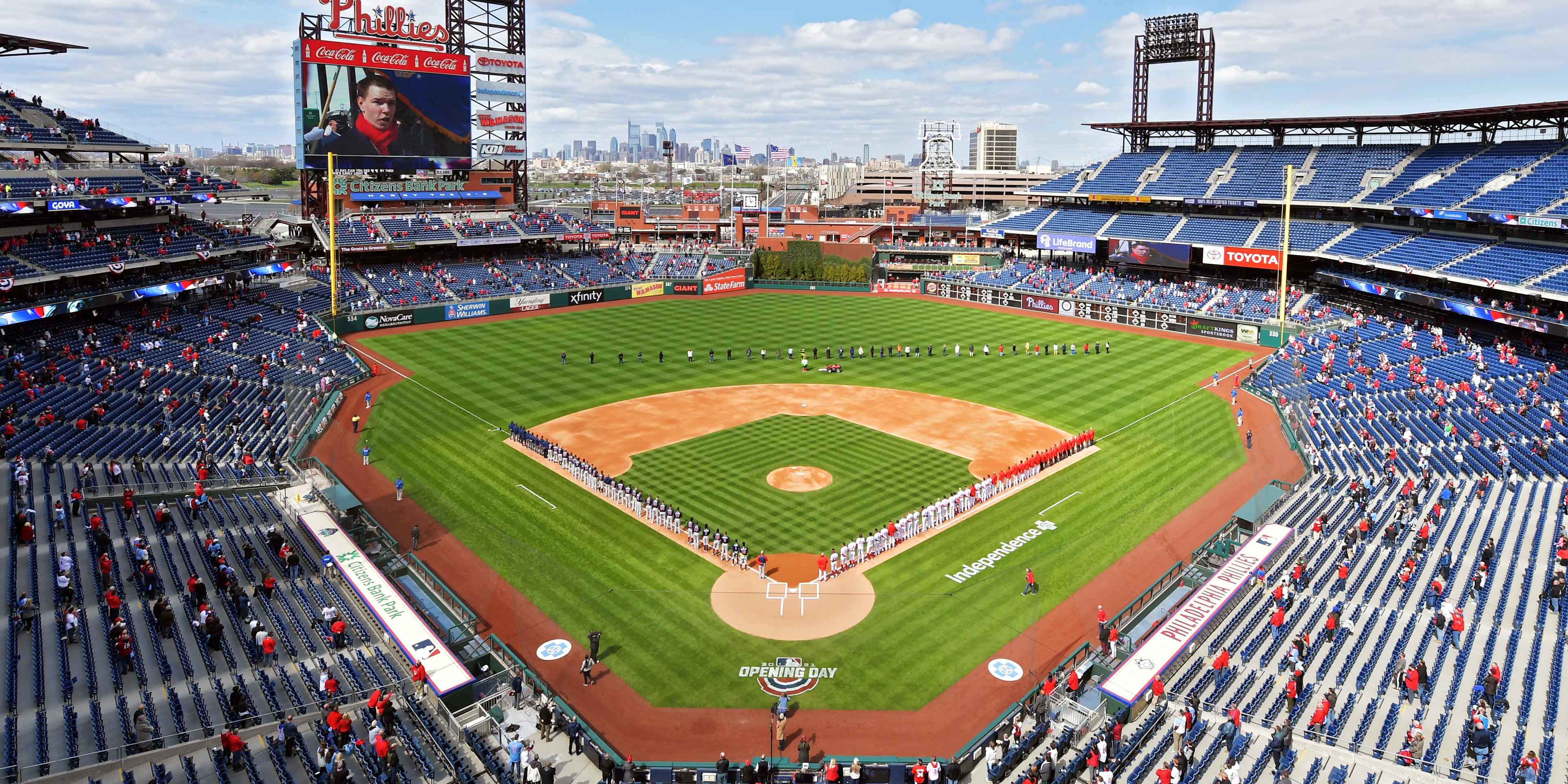 PHILADELPHIA, PA - APRIL 01: A general view during the national anthem before the start of the game between the against the Atlanta Braves and against the Philadelphia Phillies on Opening Day at Citizens Bank Park on April 1, 2021 in Philadelphia, Pennsylvania. (Photo by Drew Hallowell/Getty Images)