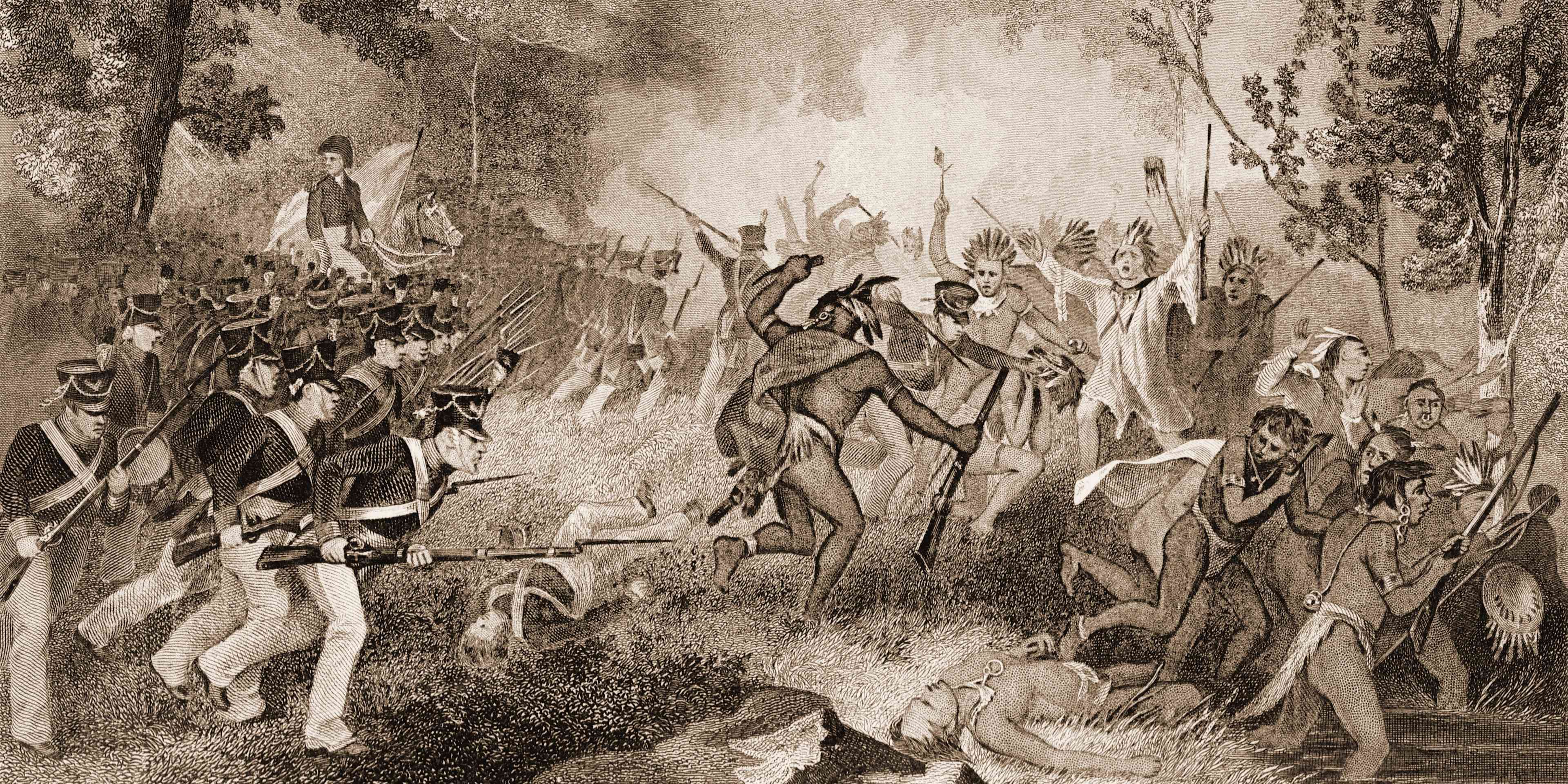 Illustration (after a painting by Alonzo Chappel) depicts the Battle of Tippecanoe between United States forces (under William Henry Harrison) and a coalition of Native American tribes (under Tenskwatawa), Indiana, 1811. (Photo by Stock Montage/Getty Images)
