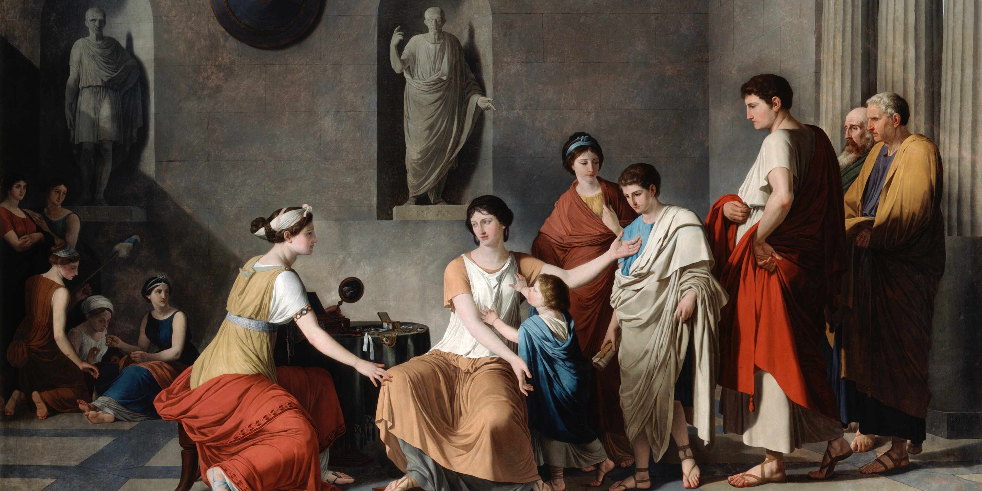 'The Mother of the Gracchi', c. 1780. Ancient Rome's Cornelia, mother of the Gracchi, presents her children, saying: Here are my riches and my jewels. From the Musee du Louvre, Paris.