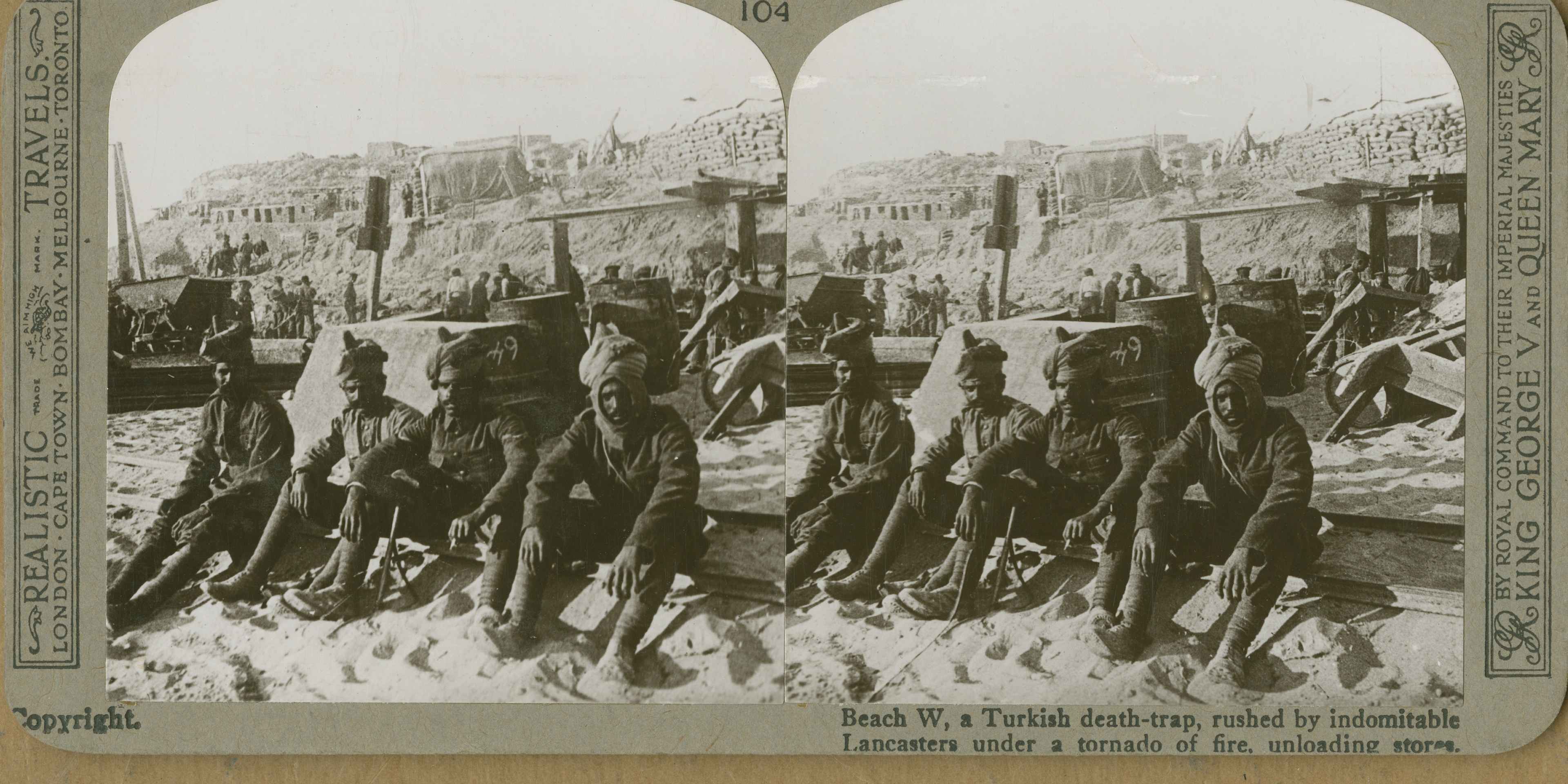 A stereoscopic image of Indian troops on W Beach on Cape Helles, where stores are being unloaded during the Gallipoli Campaign, Gallipoli peninsula, Turkey, World War I, 1915.