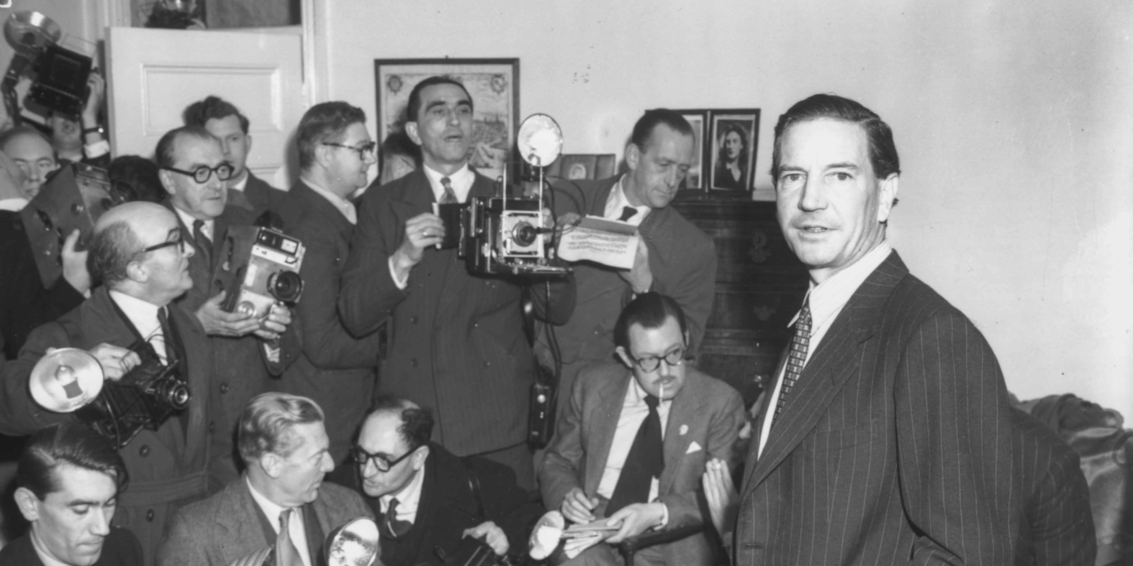 Harold 'Kim' Philby, former First Secretary of the British Embassy in Washington, at a press conference in response to his involvement with defected diplomats Burgess and McLean, at his brother's home in Drayton Gardens, London, November 8th 1955. (Photo by J. Wilds/Keystone/Getty Images)