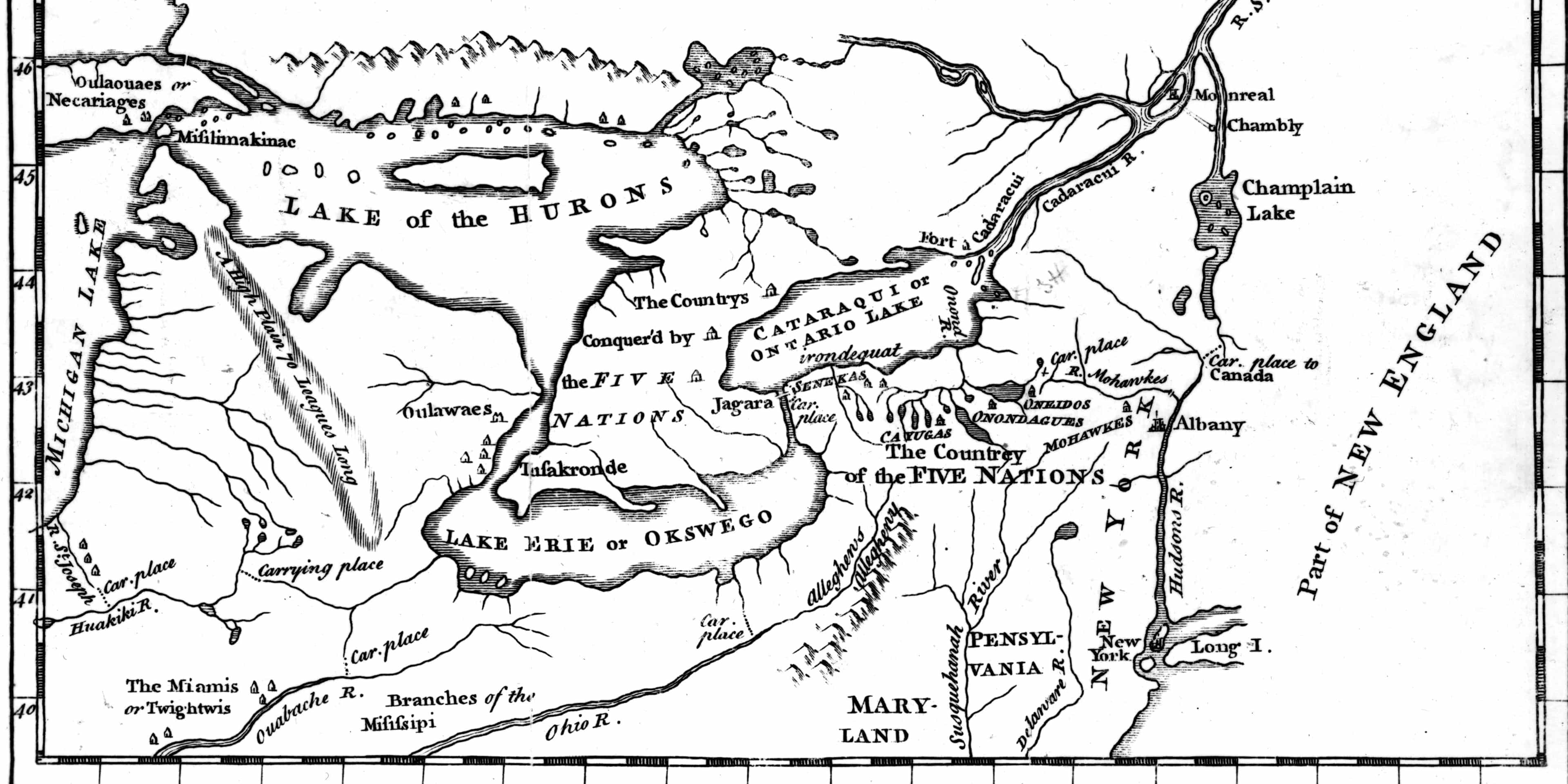 Mid-18th century map of the Iroquois Confederacy, also known as the Five (later Six) Nations