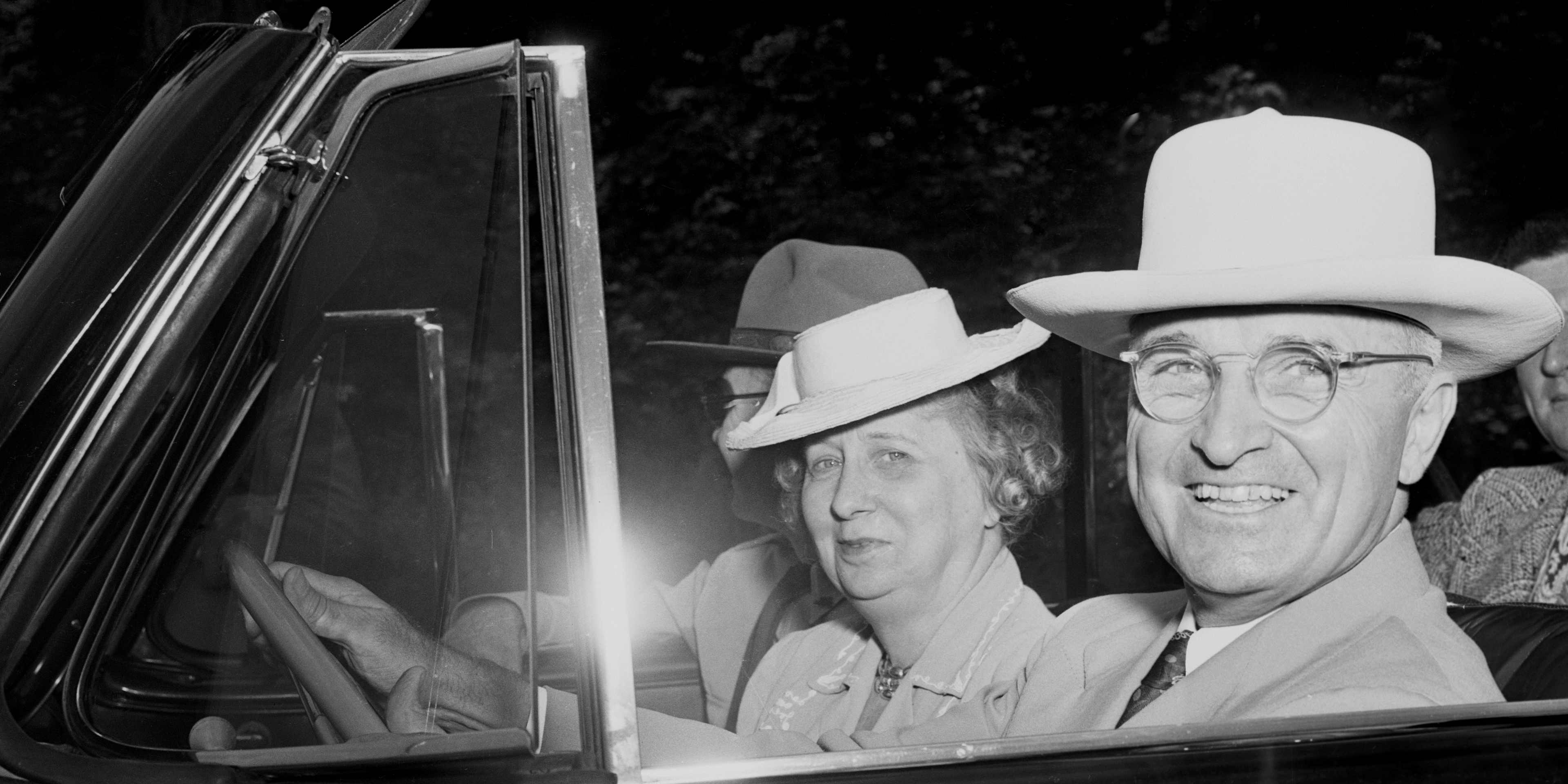 (Original Caption) Trumans Drive to Gettysburg. Gettysburg, Pennsylvania: President and Mrs. Truman are shown in their small convertible, the President driving, as they made a pilgrimage to the battlefield at Gettysburg today. (July 6).
