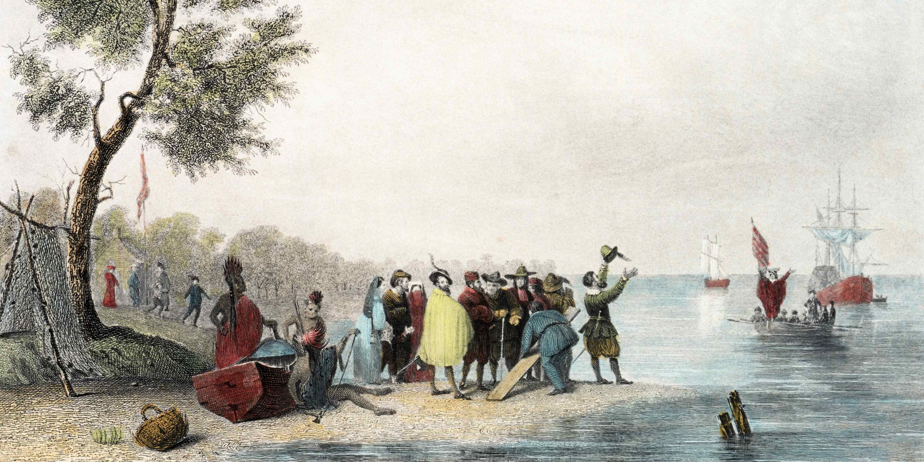 Colored engraving of early colonists arriving at Jamestown, with local Indigenous people present.