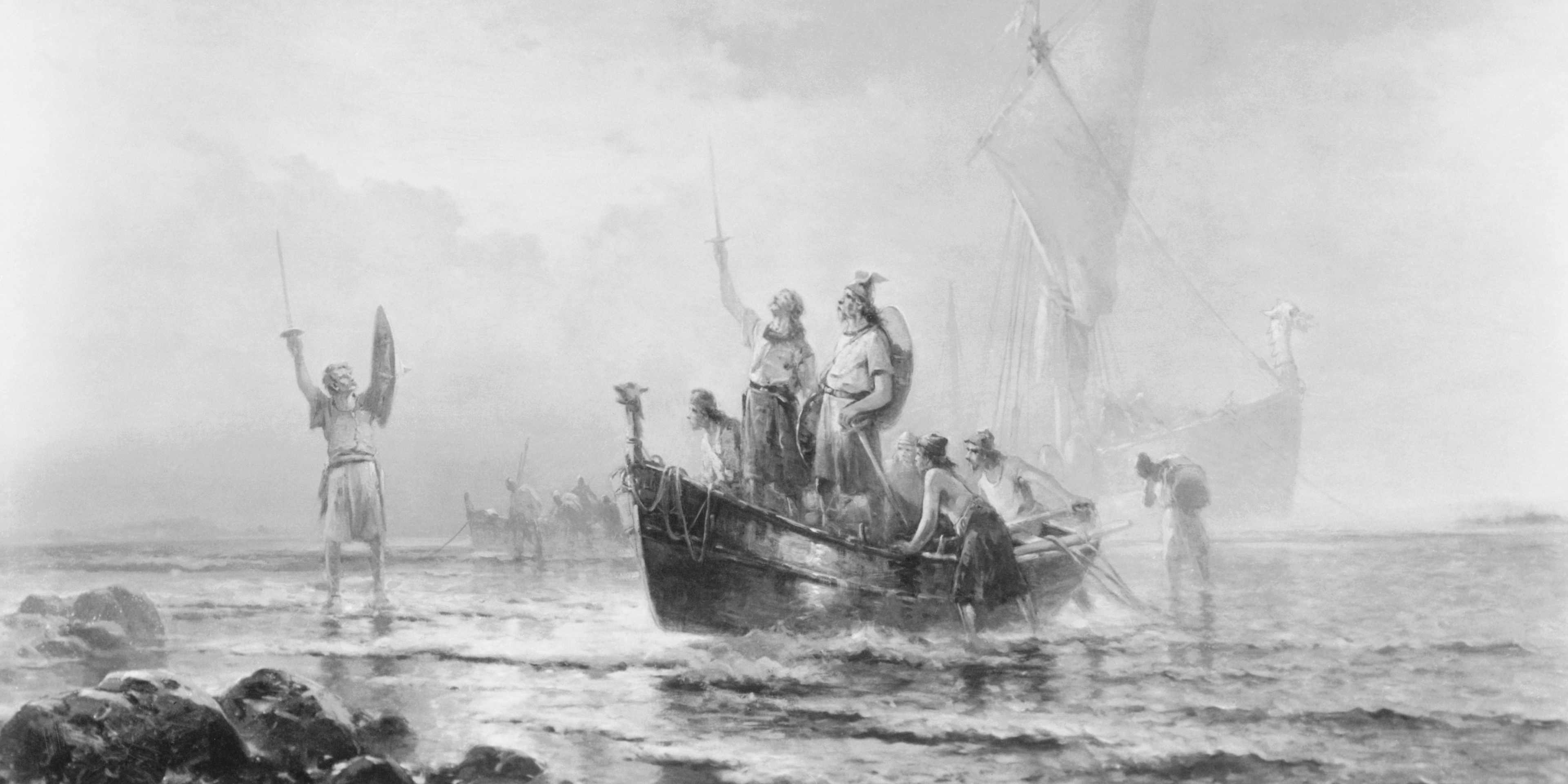 Leif Eriksson landing on the shores of North America.