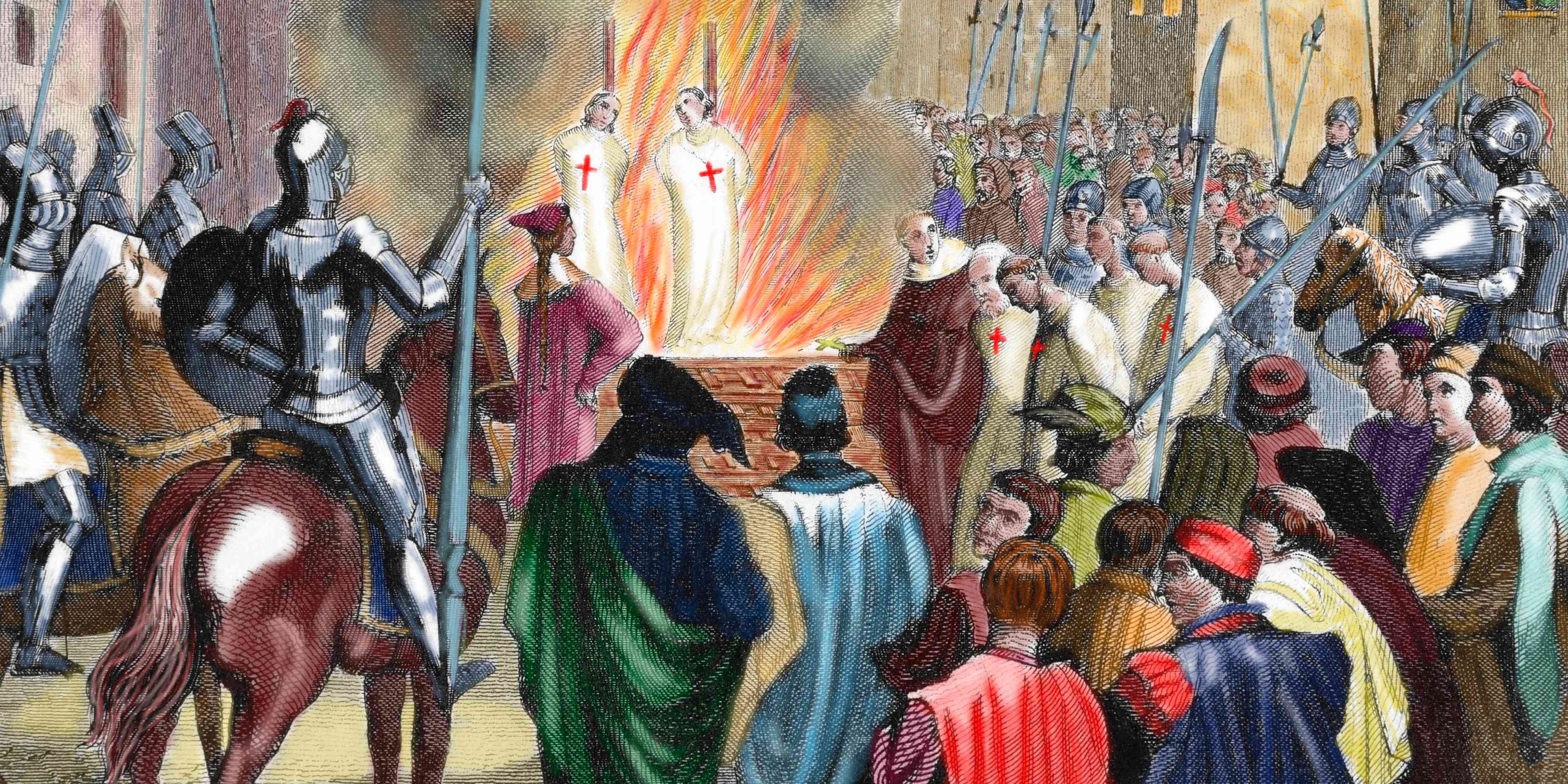 Burning Knights Templar at the stake in the 14th century. Colorized  engraving of 1851.