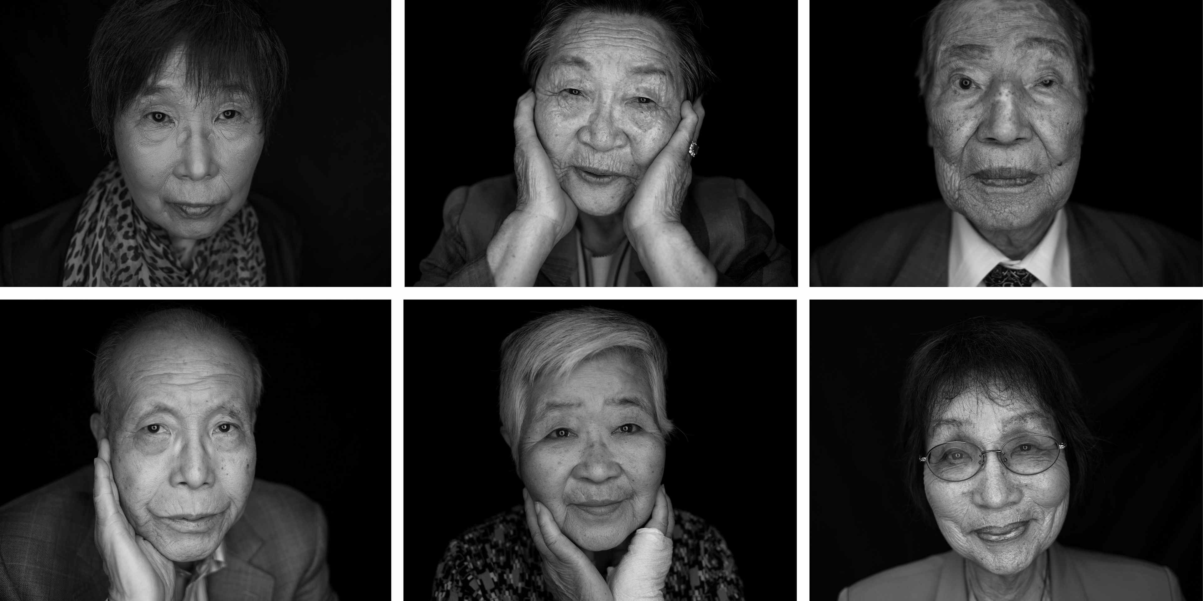 Portraits taken on May 25 and 26, 2016 of survivors of the 1945 atomic bombing of Hiroshima: (top L to R) Keiko Ogura, Park Nam-Joo, Sunao Tsuboi; (bottom L to R) Shigeaki Mori, Misako Katani and Emiko Okada in Hiroshima