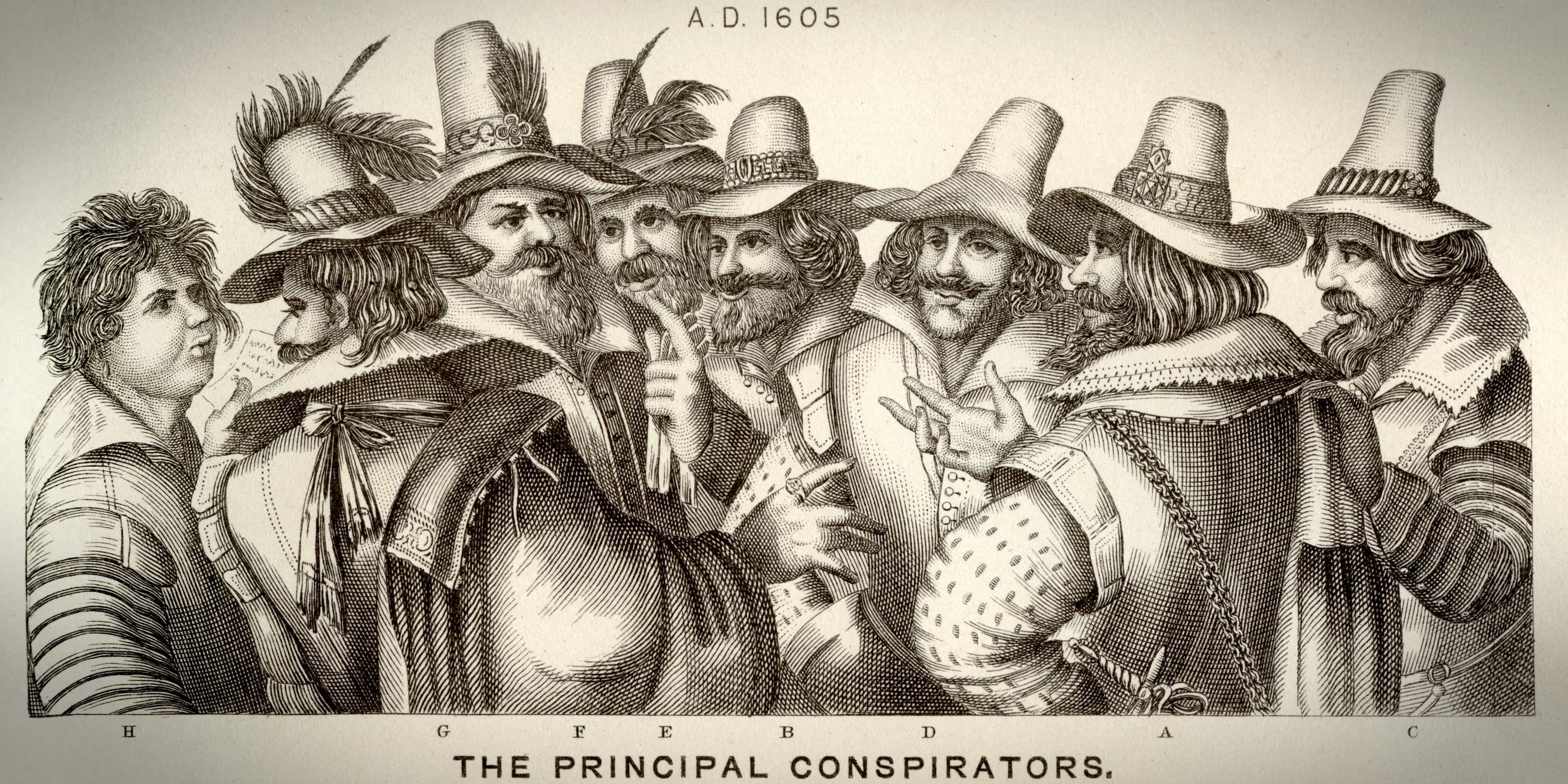 Engraving showing the principal conspirators of the Gunpowder Plot, a plan to blow up the British monarchy and Parliament. The conspiracy was created by Guy Fawkes with Robert Catesby.