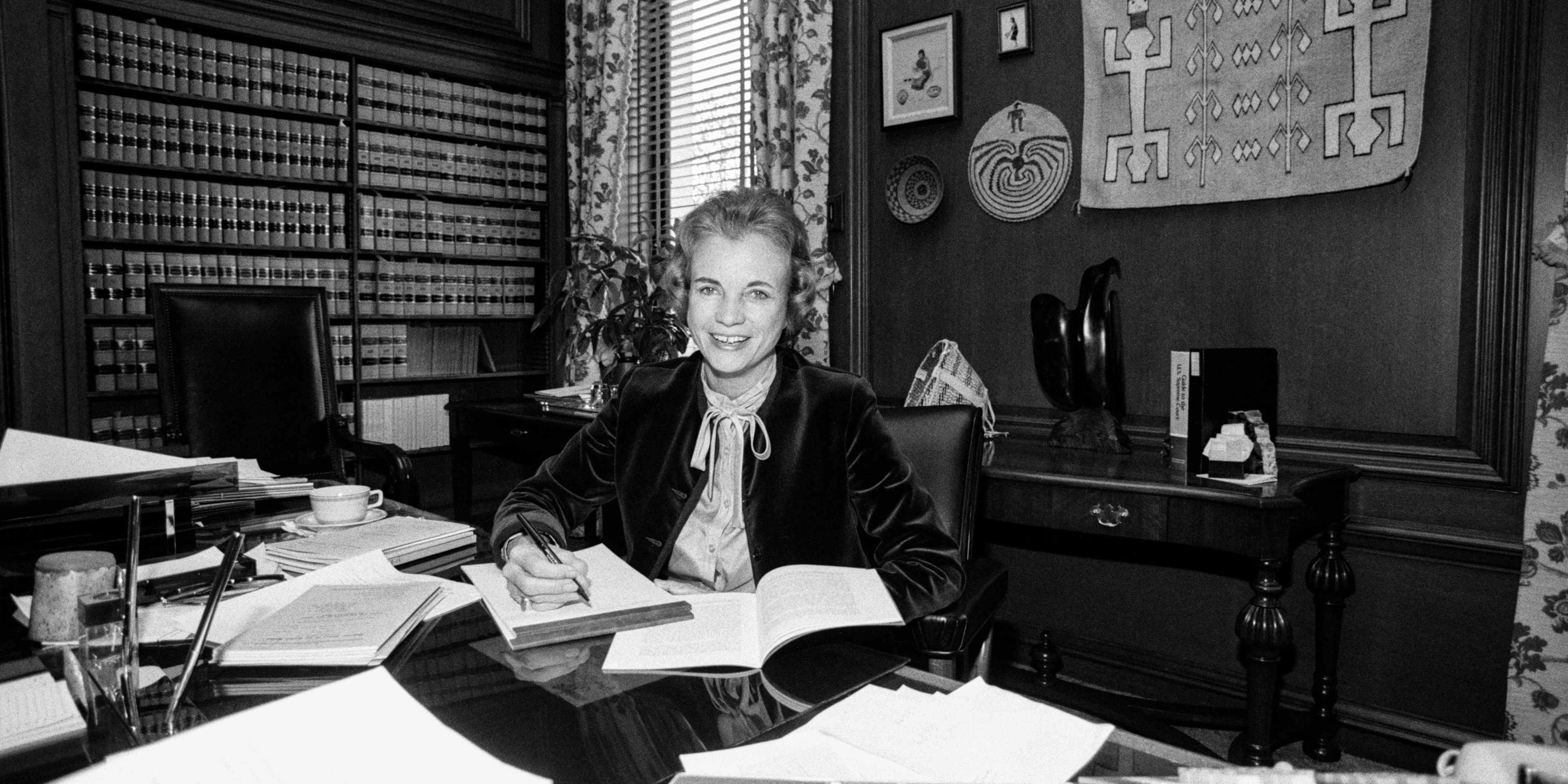 Justice Sandra Day O'Connor in her chambers at the US Supreme Court in Washington DC, 5th October 1981, ten days after she became the first female Justice to serve on the Court. (Photo by David Hume Kennerly/Getty Images)