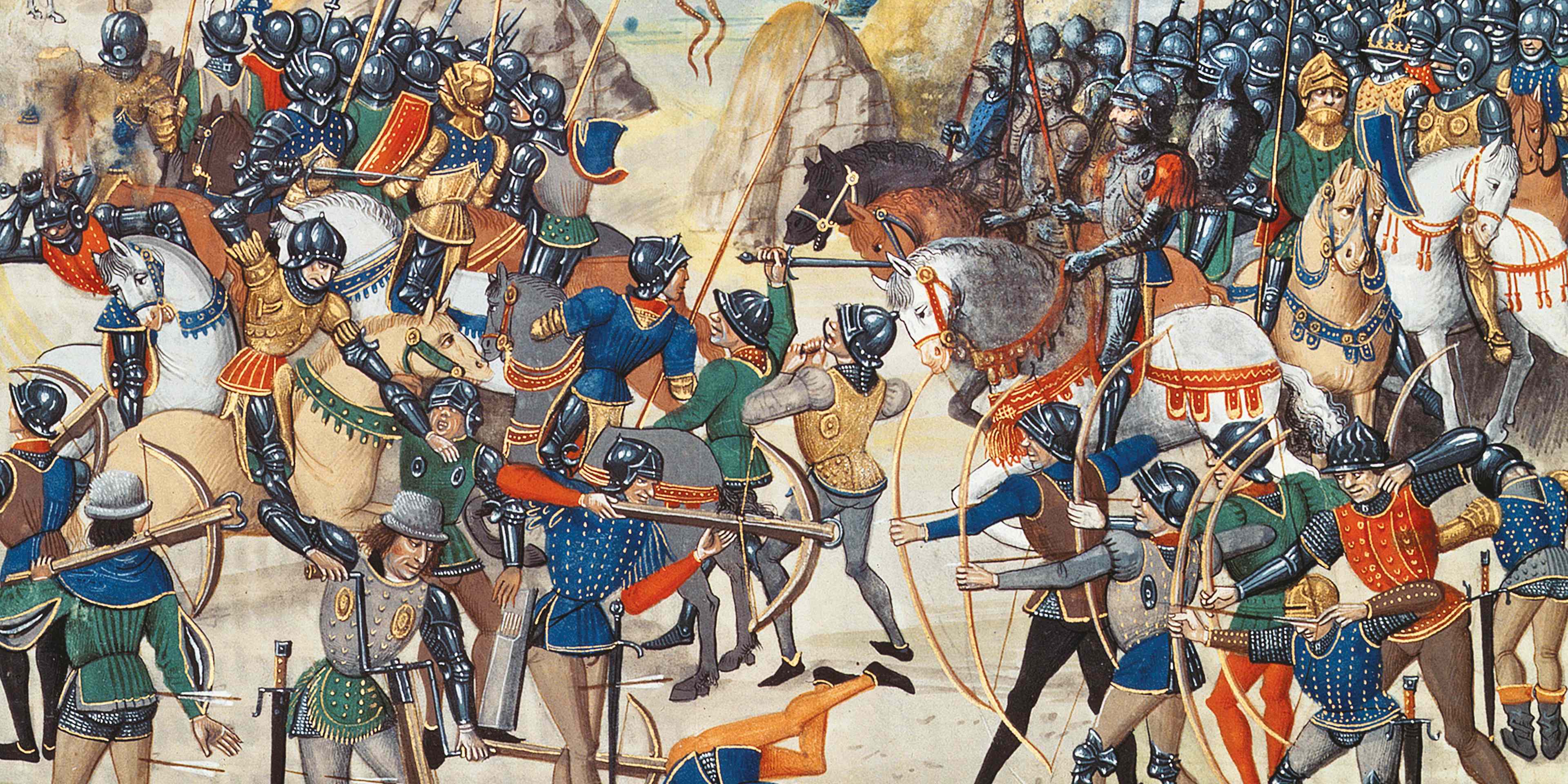 The Battle of Crécy on 26 August 1346 (Miniature from the Grandes Chroniques de France by Jean Froissart), ca 1470. Found in the collection of Bibliothèque Nationale de France. (Photo by Fine Art Images/Heritage Images/Getty Images)