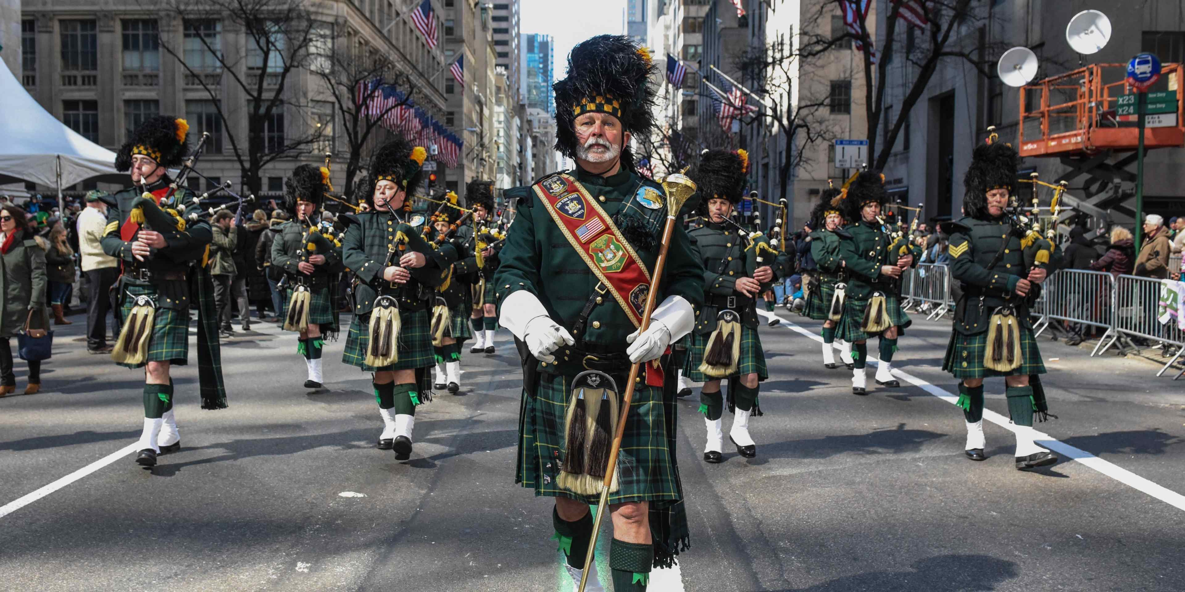 A marching band participates in the annual St. Patrick's Day parade along 5th Ave. on March 17, 2018 in New York City. New York's Saint Patrick's Day parade is the largest in the world.