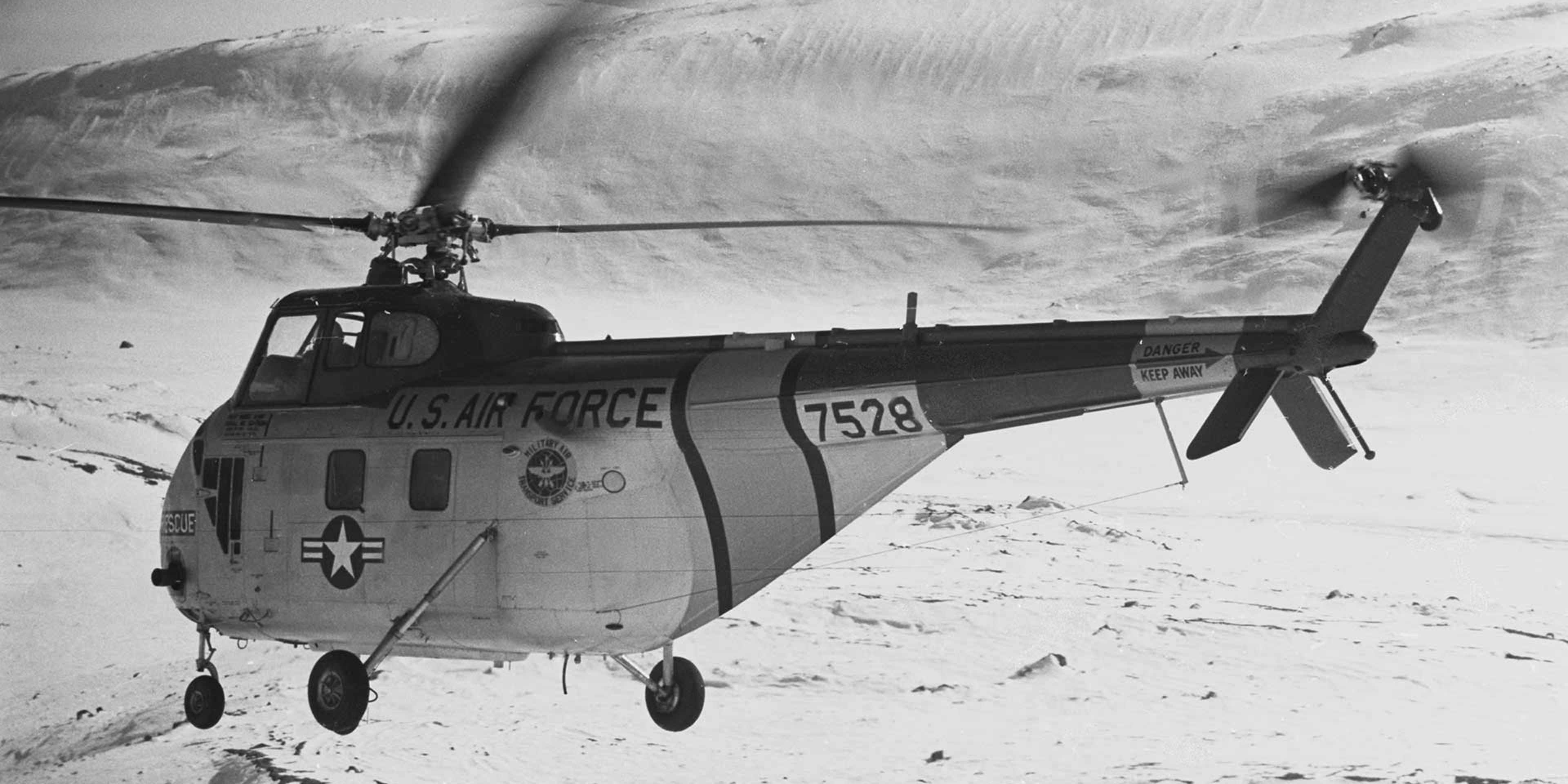 An air rescue helicopter of the U.S. Air Force arrives at the Thule Air Base in Greenland, 1955.