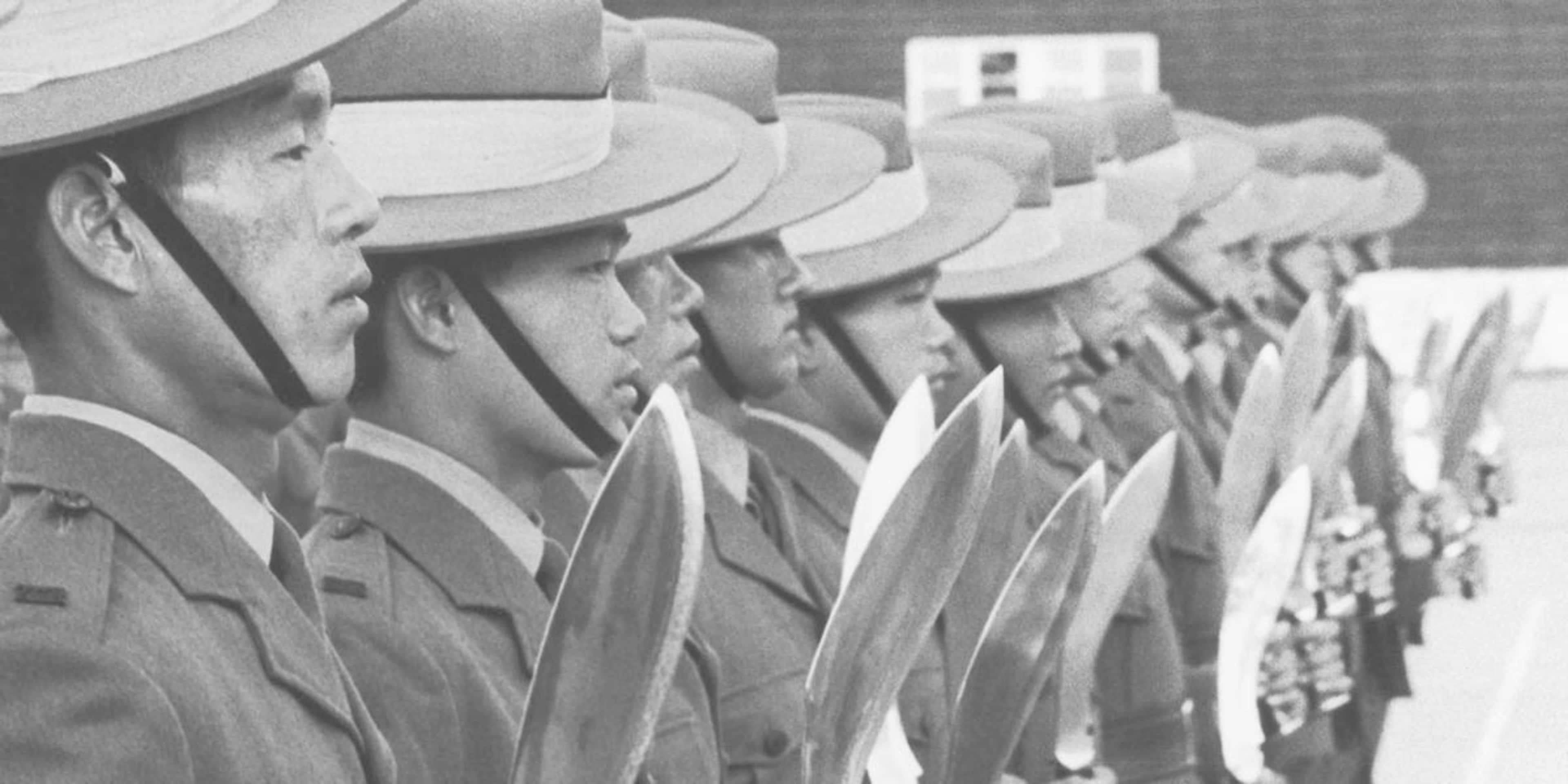 Gurkha troops with Khukuri knives, during a 1971 parade. (