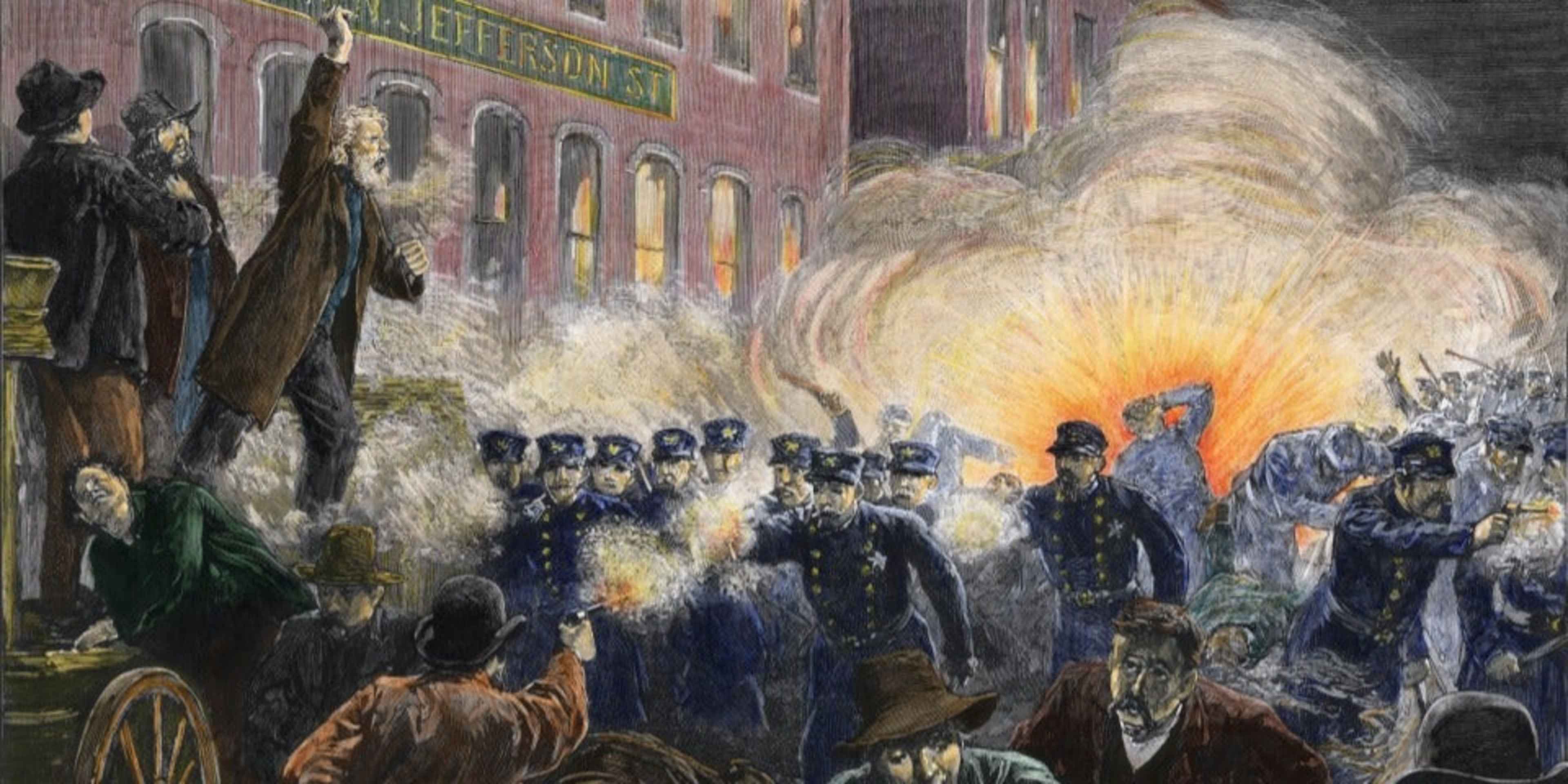 Engraving of a scene from the Haymarket Riot