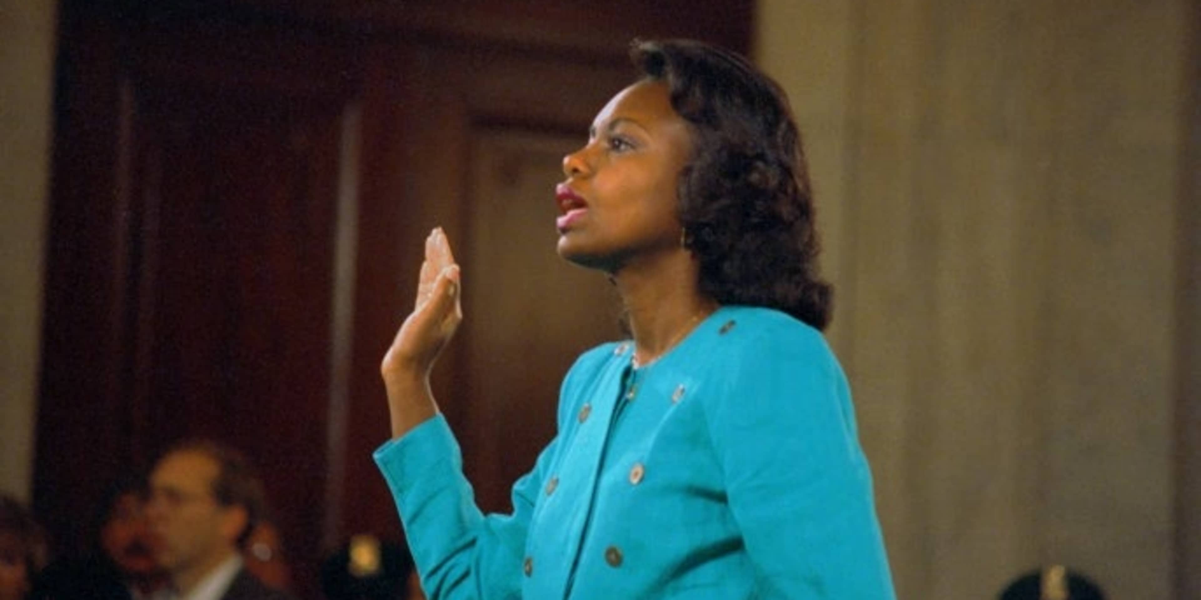 Professor Anita Hill being sworn-in before testifying at the Senate Judiciary hearing on the Clarence Thomas Supreme Court nomination. (Credit: Bettmann Archive/Getty Images)