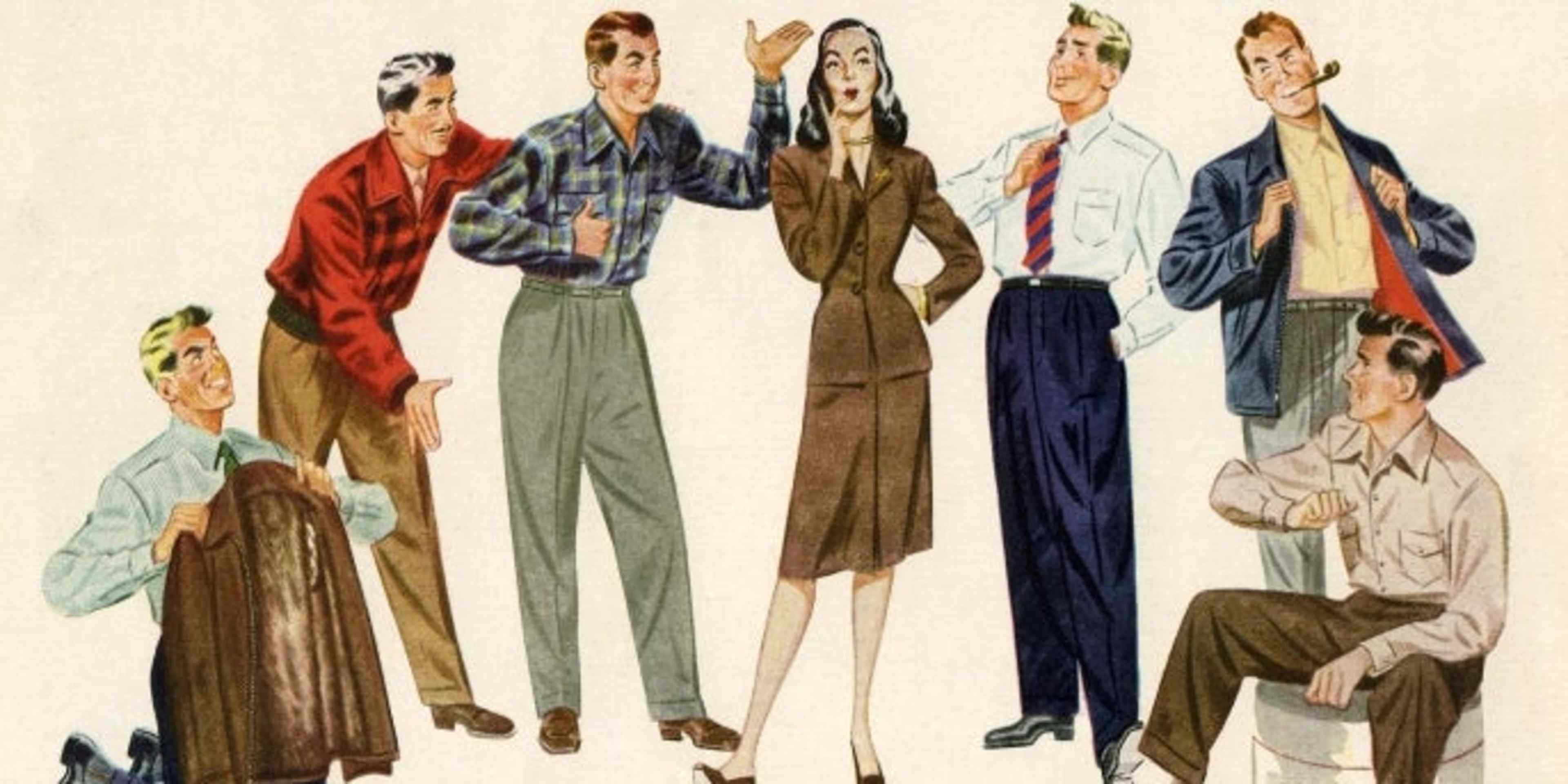 Vintage illustration of a woman choosing between a group of male suitors, 1946. (Credit: GraphicaArtis/Getty Images)