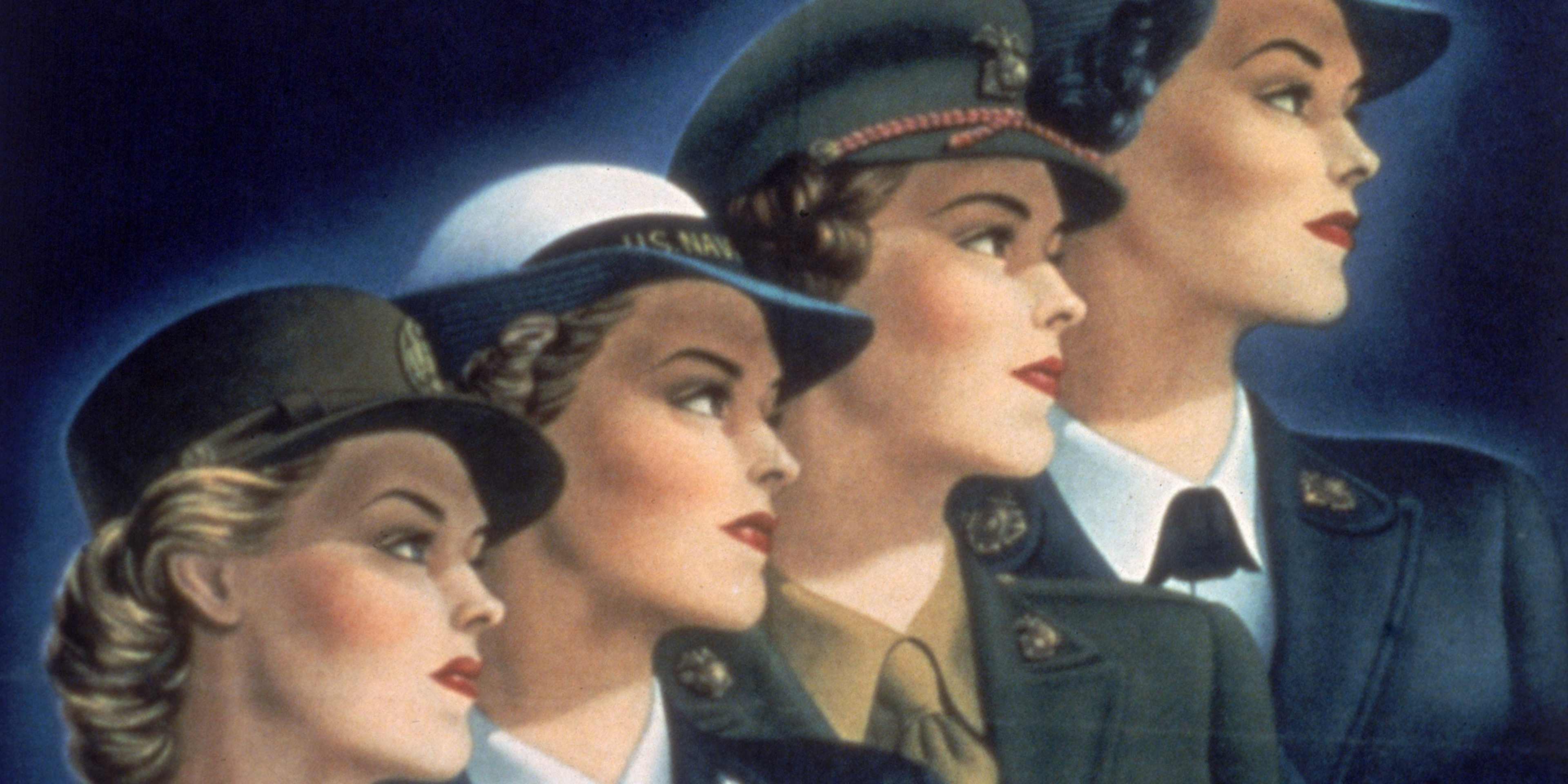 Details of a U.S. armed service recruiting poster featuring women in different uniforms: Marines, Navy (WAVES), Army (WAC), and Coast Guard (SPARS). (Credit: Hulton Archive/Getty Images)