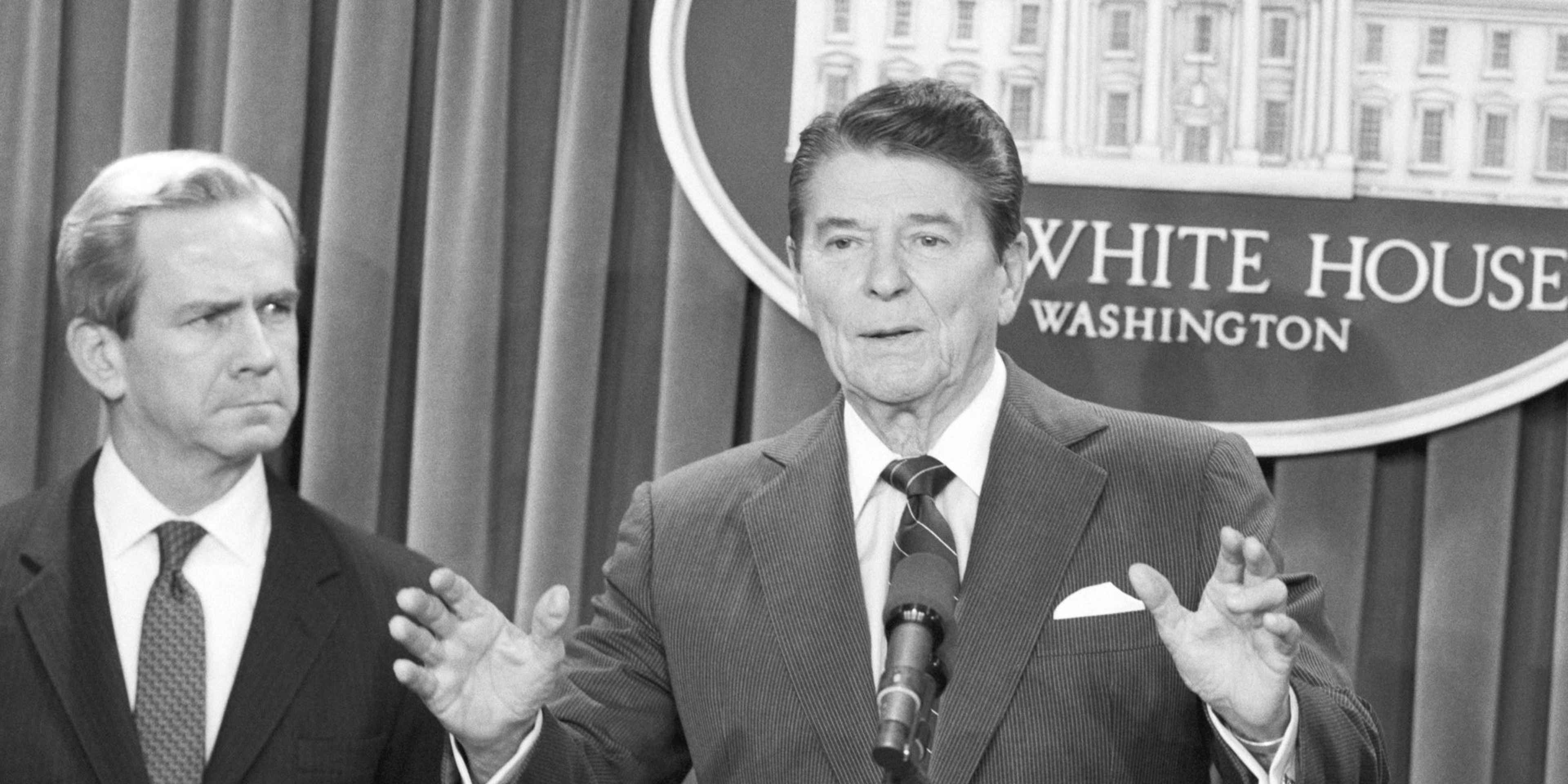 President Reagan At Press ConferenceUnited States President Ronald Reagan announces the resignation of national security adviser Robert McFarlane standing beside him to be replaced with Vice Admiral John Poindexter. McFarlane and Poindexter were key figures in the Iran-Contra affair during Reagan's term.